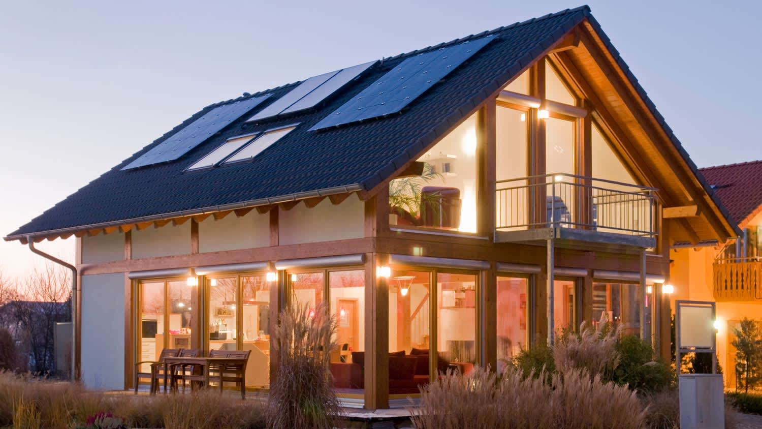 A house roof with solar panels