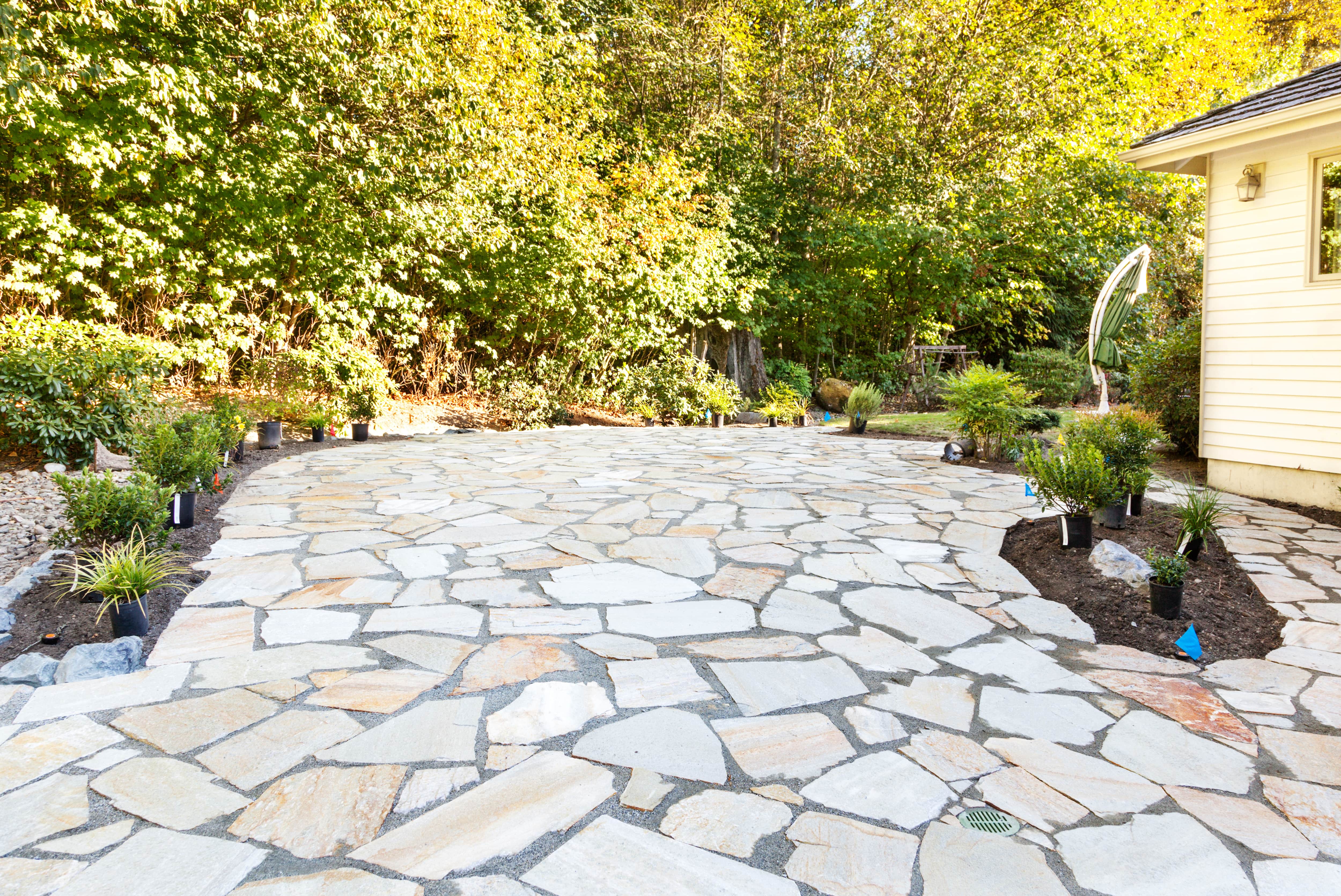 Stone patio in a backyard