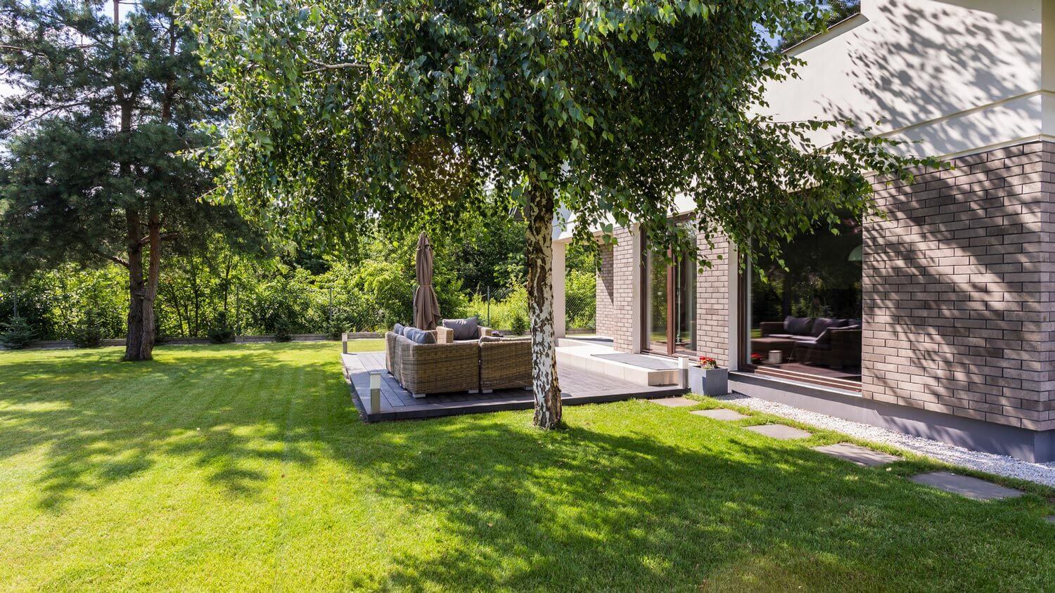 A tree in the garden of a house next to a wooden patio