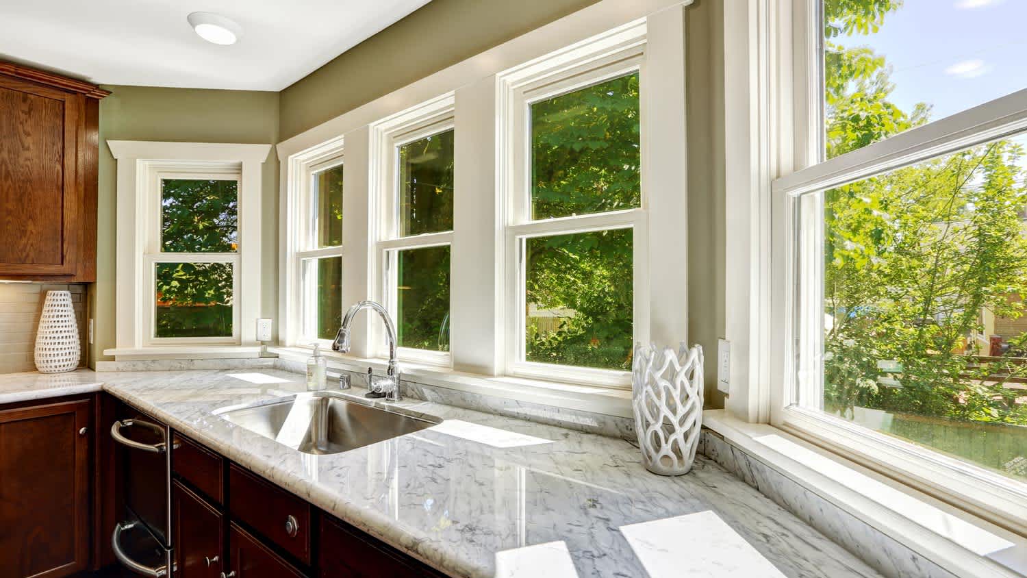The interior of a kitchen with tinted windows