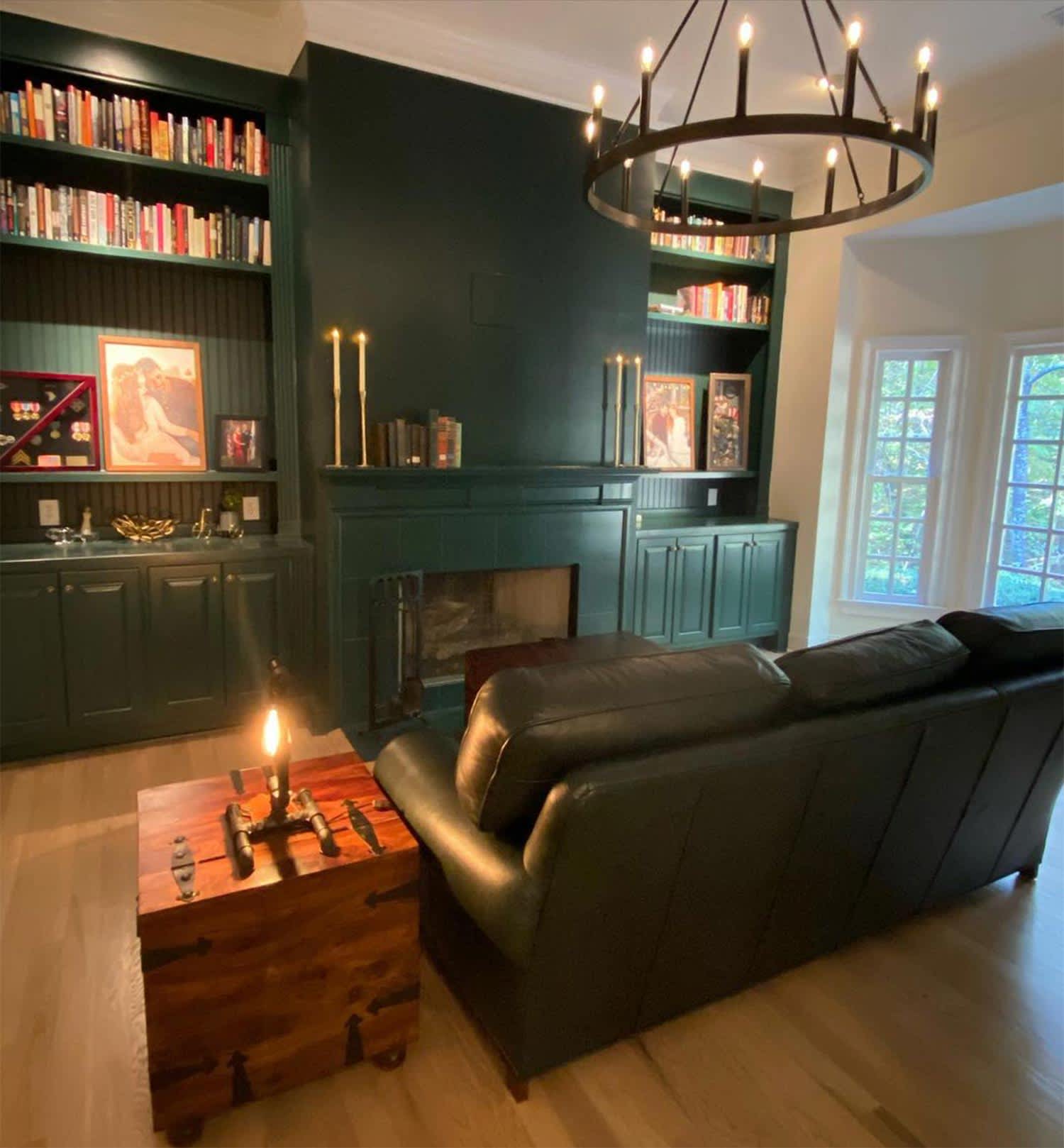 Moody study dark green walls books