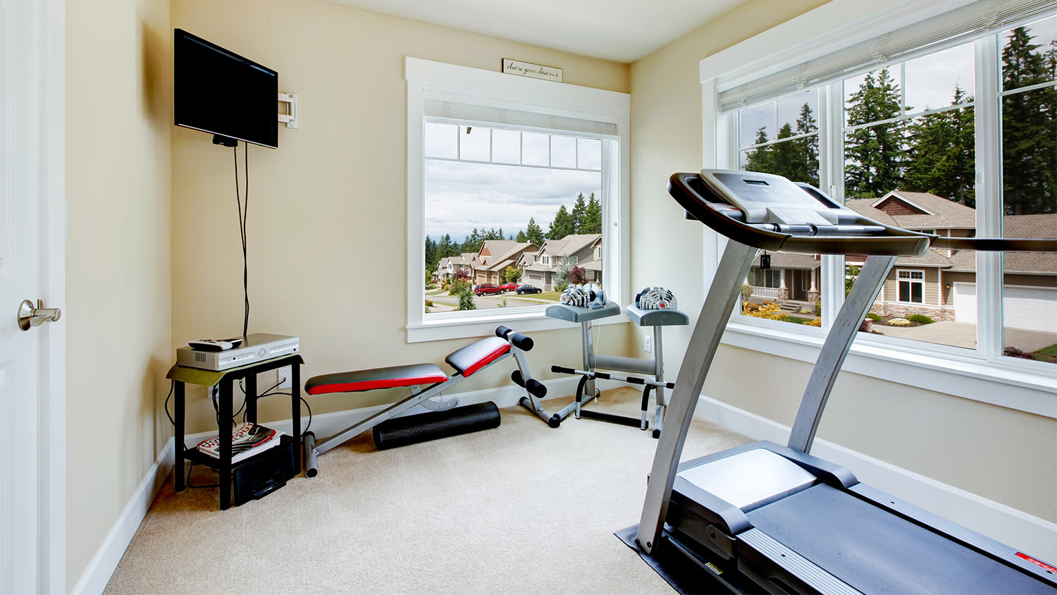 Home gym tv treadmill window view