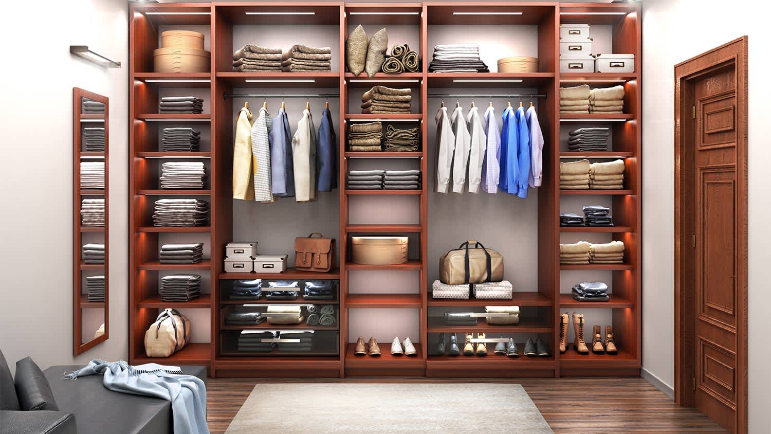 Clean large mens closet suits shirts