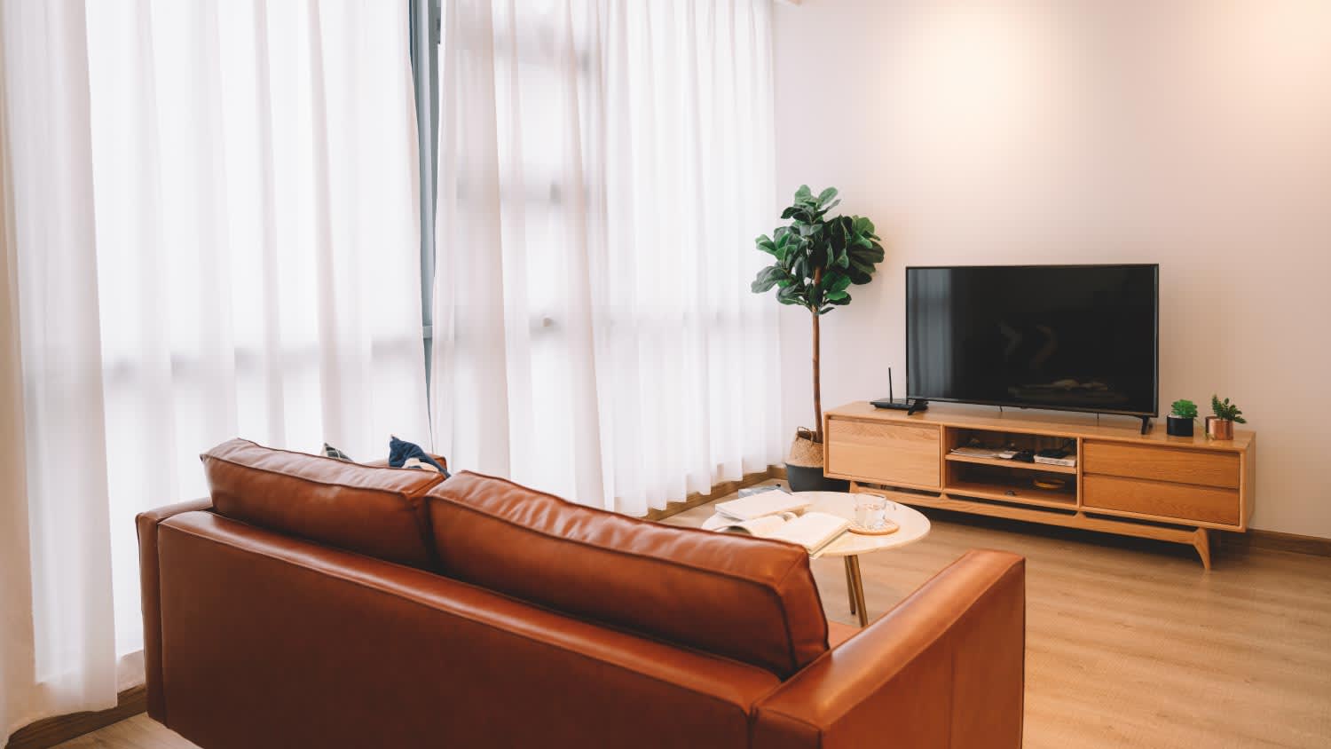 minimal living room leather couch