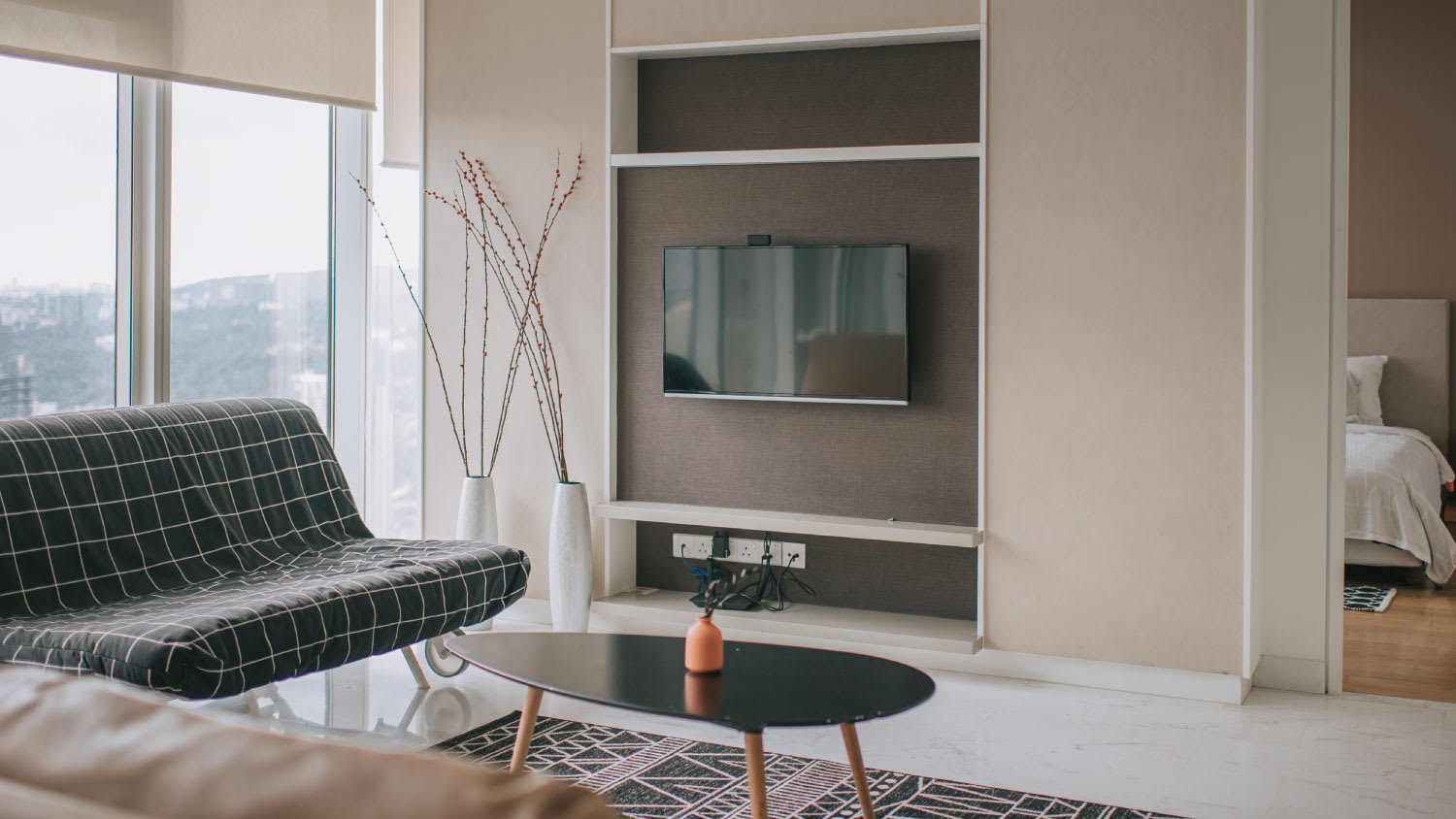 living room with big plasma screen TV