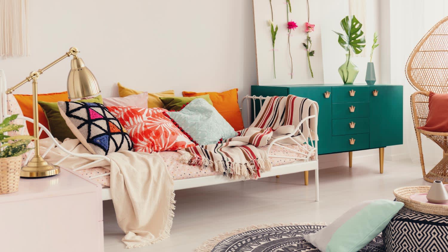 colorful sitting area with different cushions