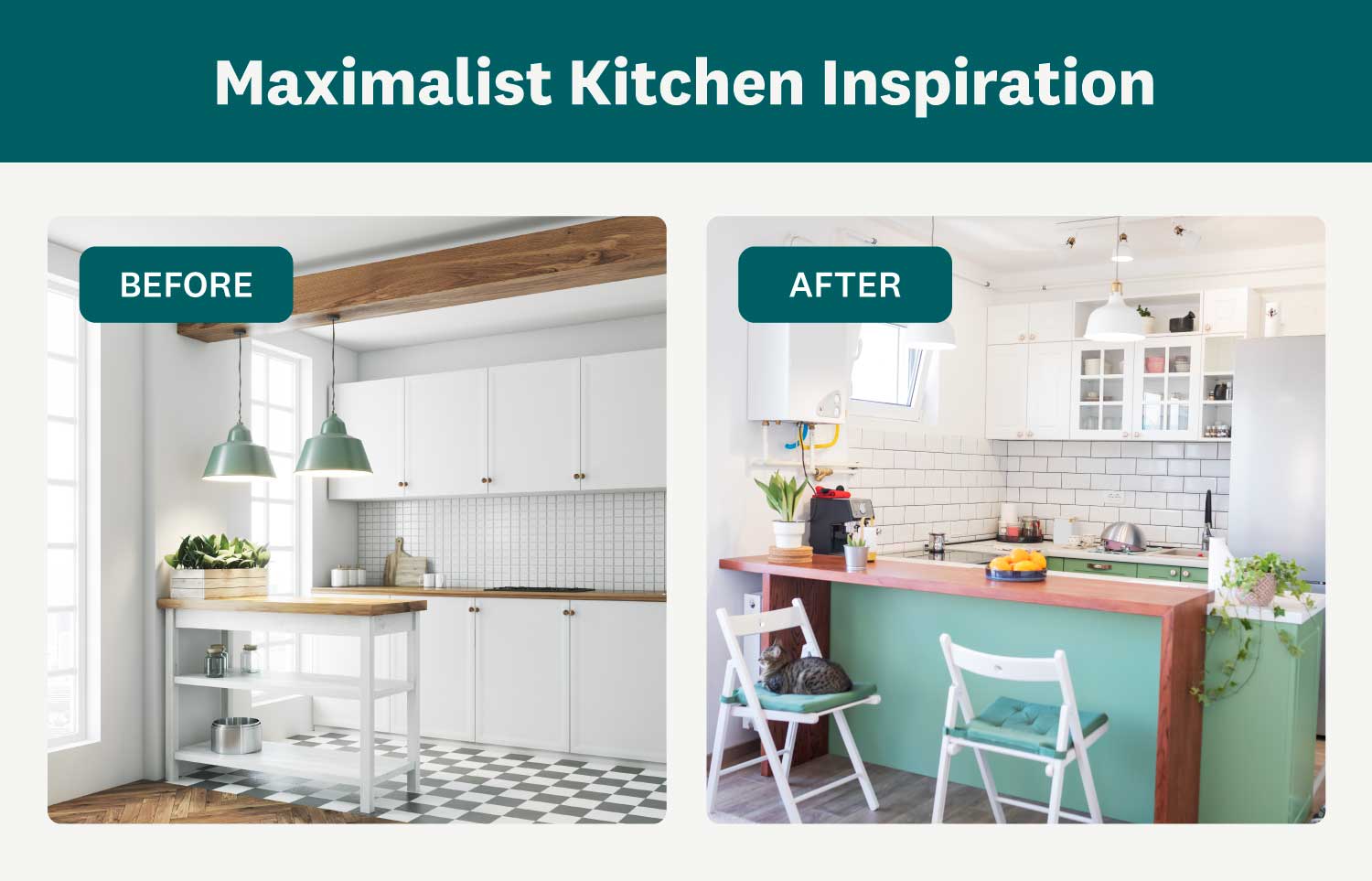 minimal white kitchen + colorful blue green kitchen