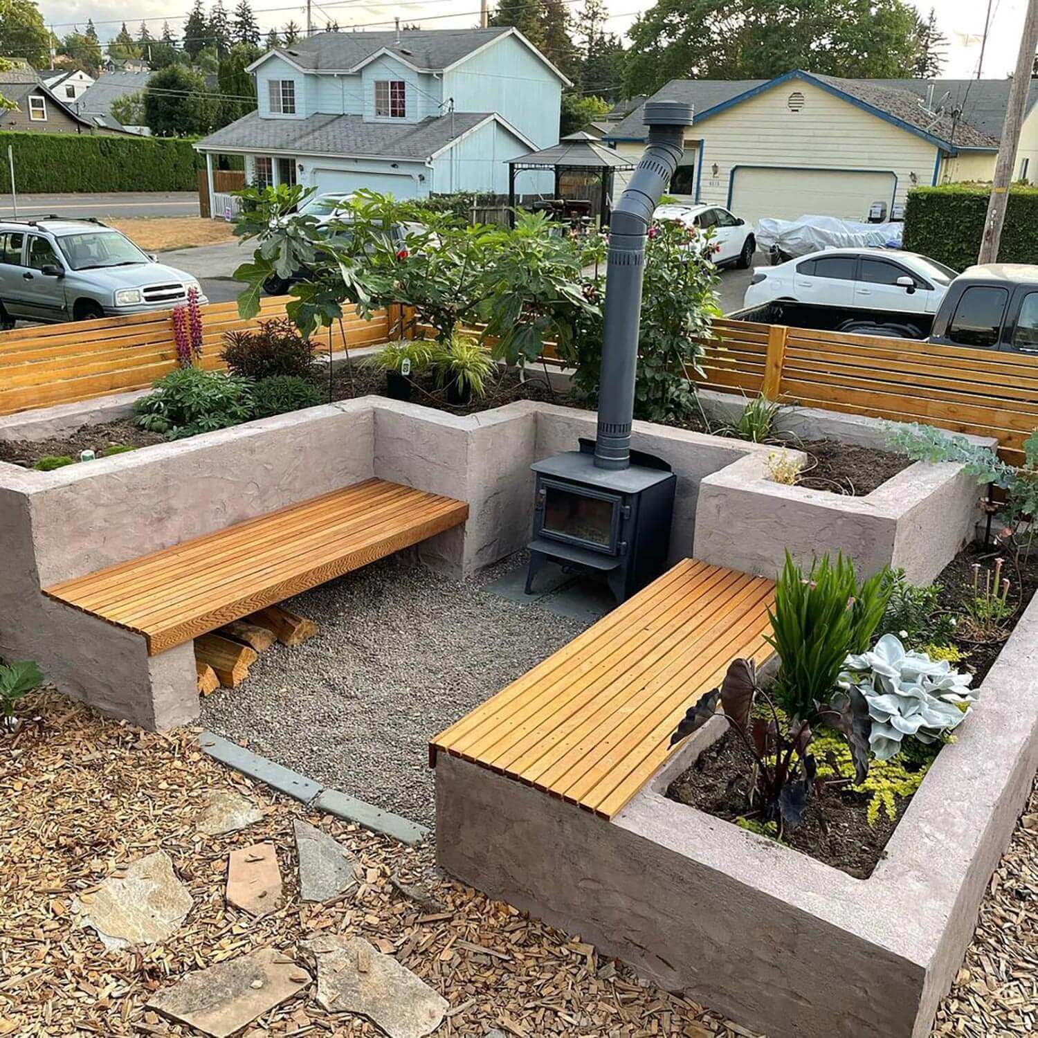 A private seating area made of cinder blocks