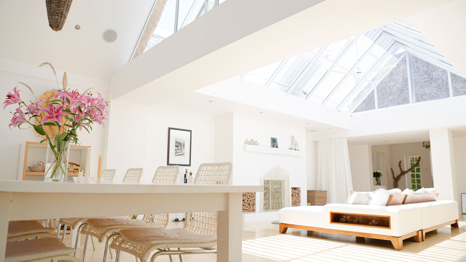 An open floor dining and living area