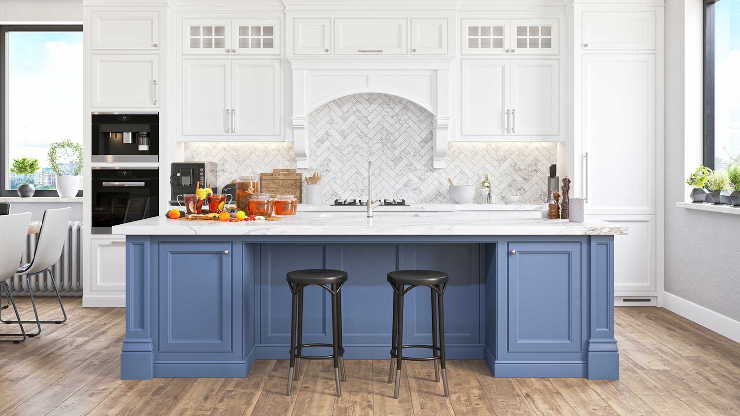 Bright kitchen with blue and white cabinets