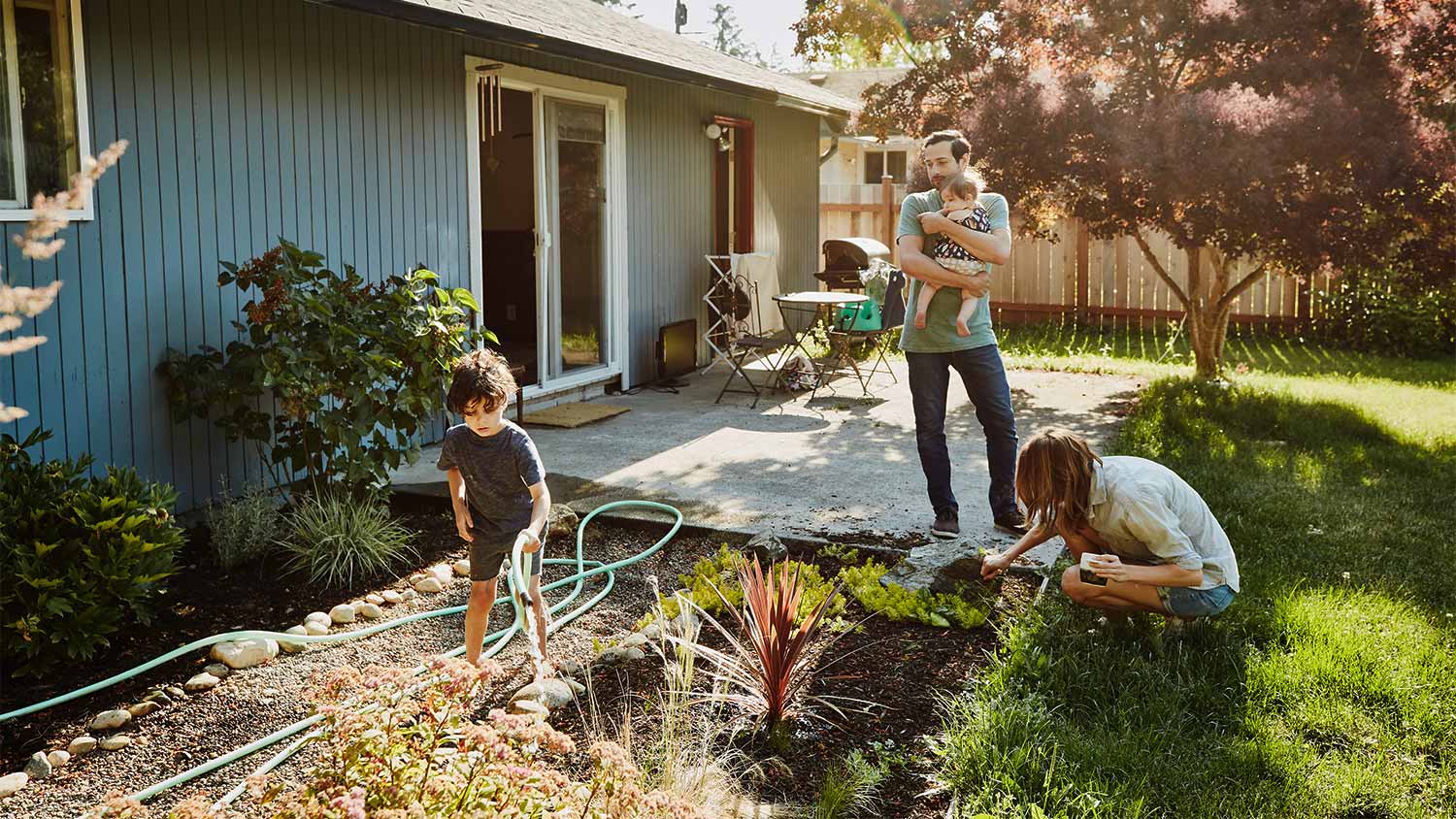 Family garden backyard house kids hose