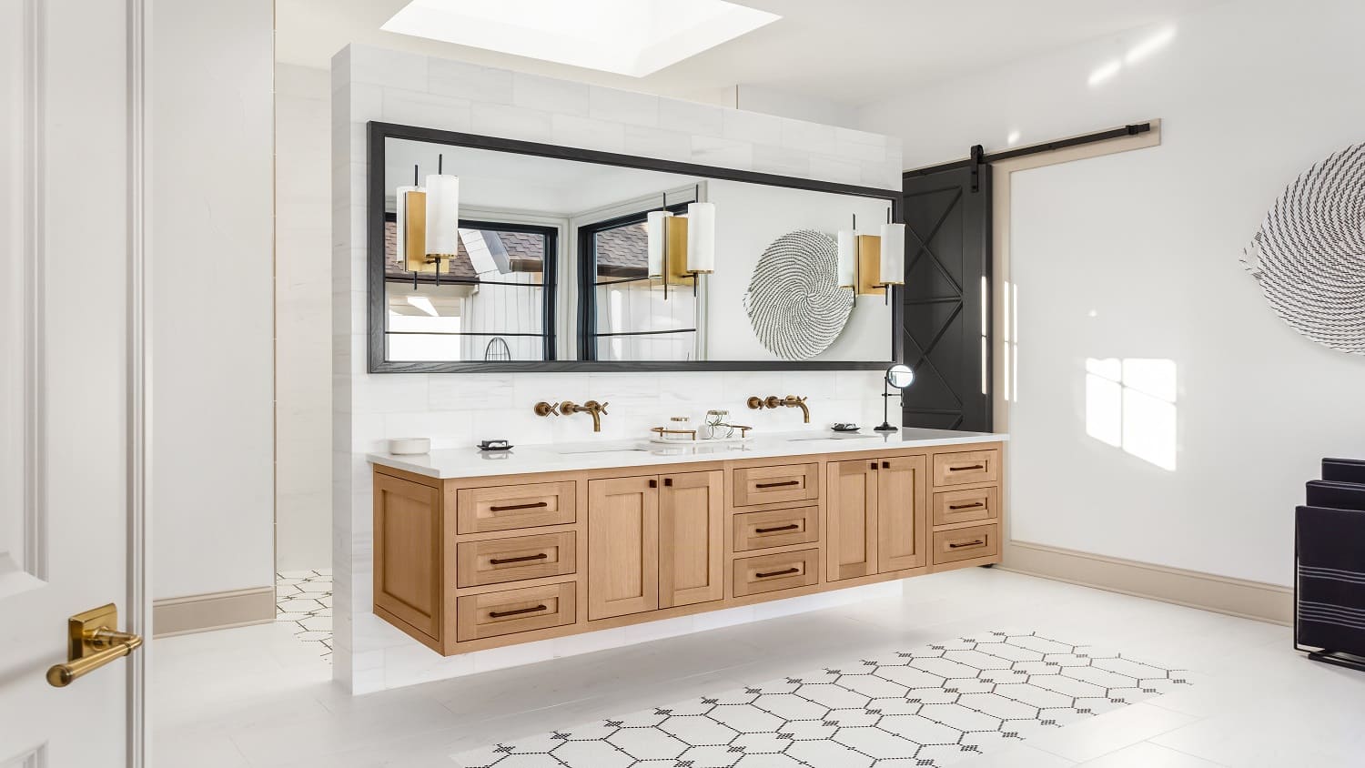 A wooden floating vanity with a double sink