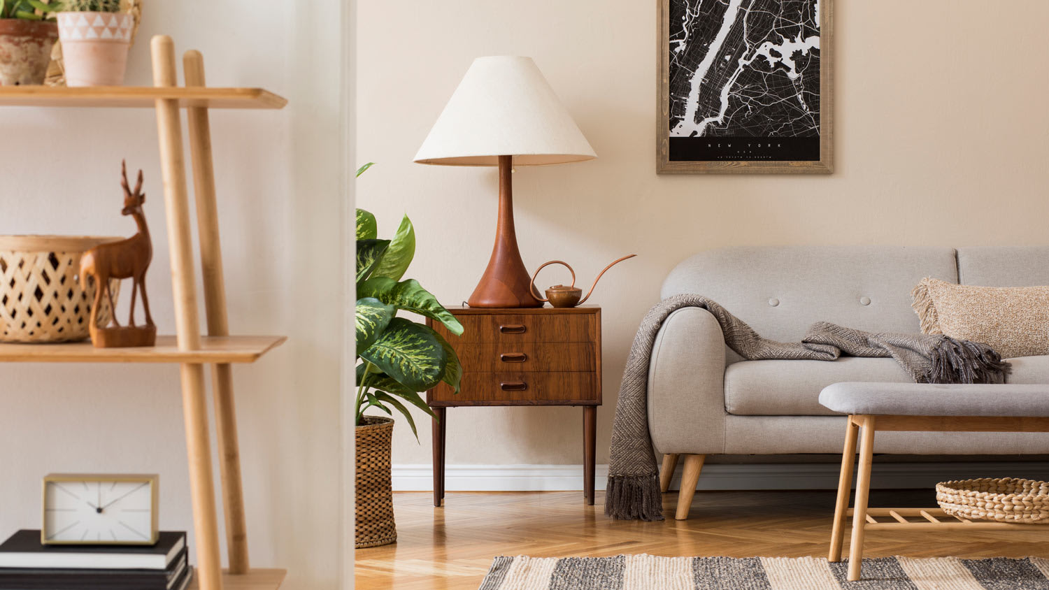 A Scandinavian living room with wooden furniture