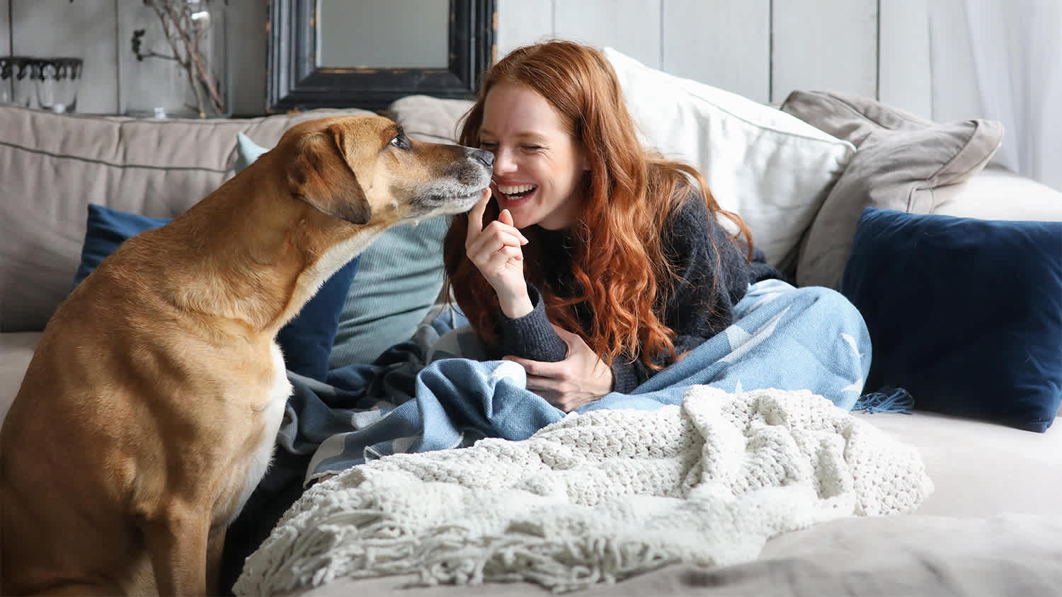 woman being cuddly with dog on sofa