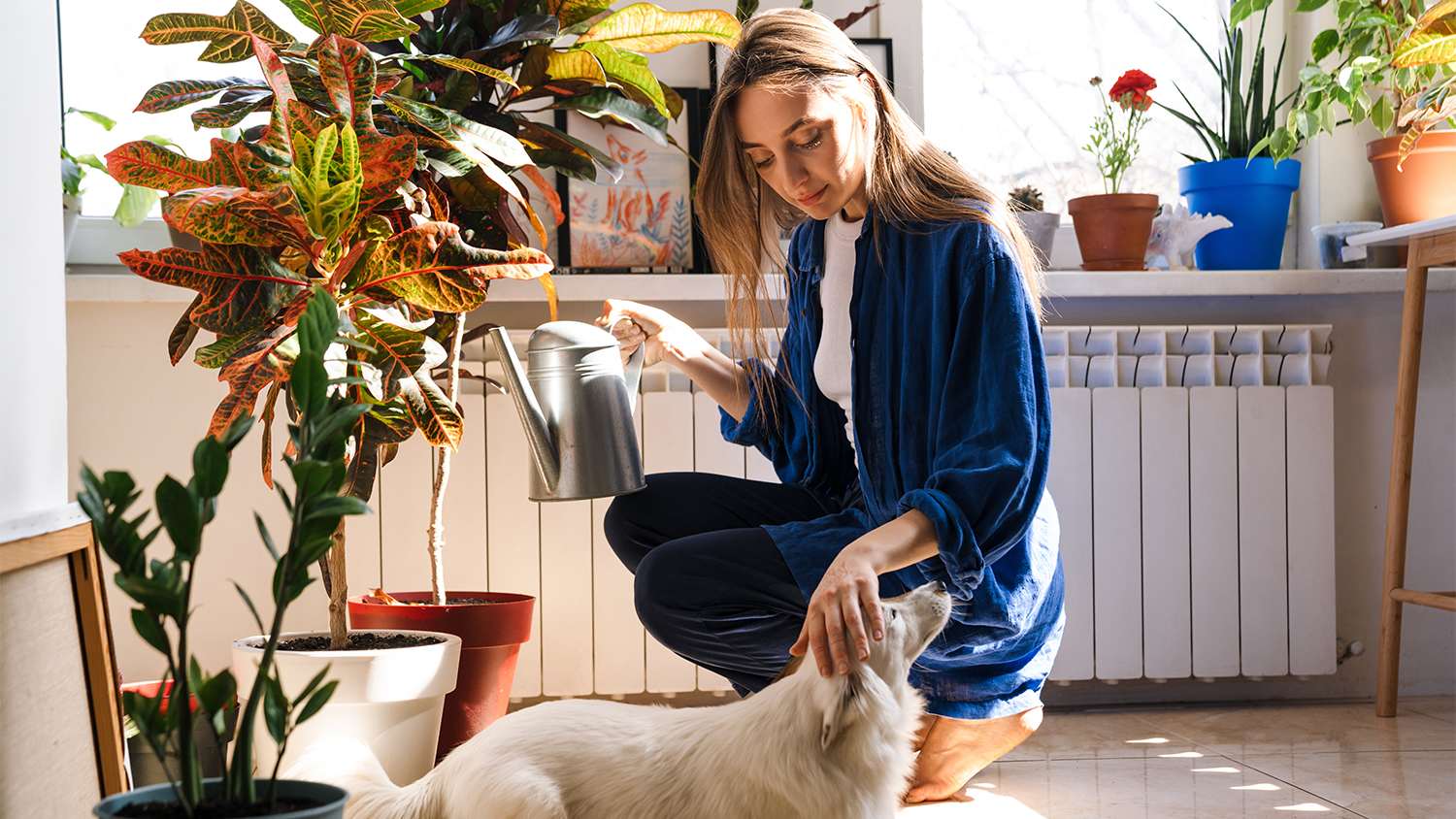 woman pets dog while. watering plants