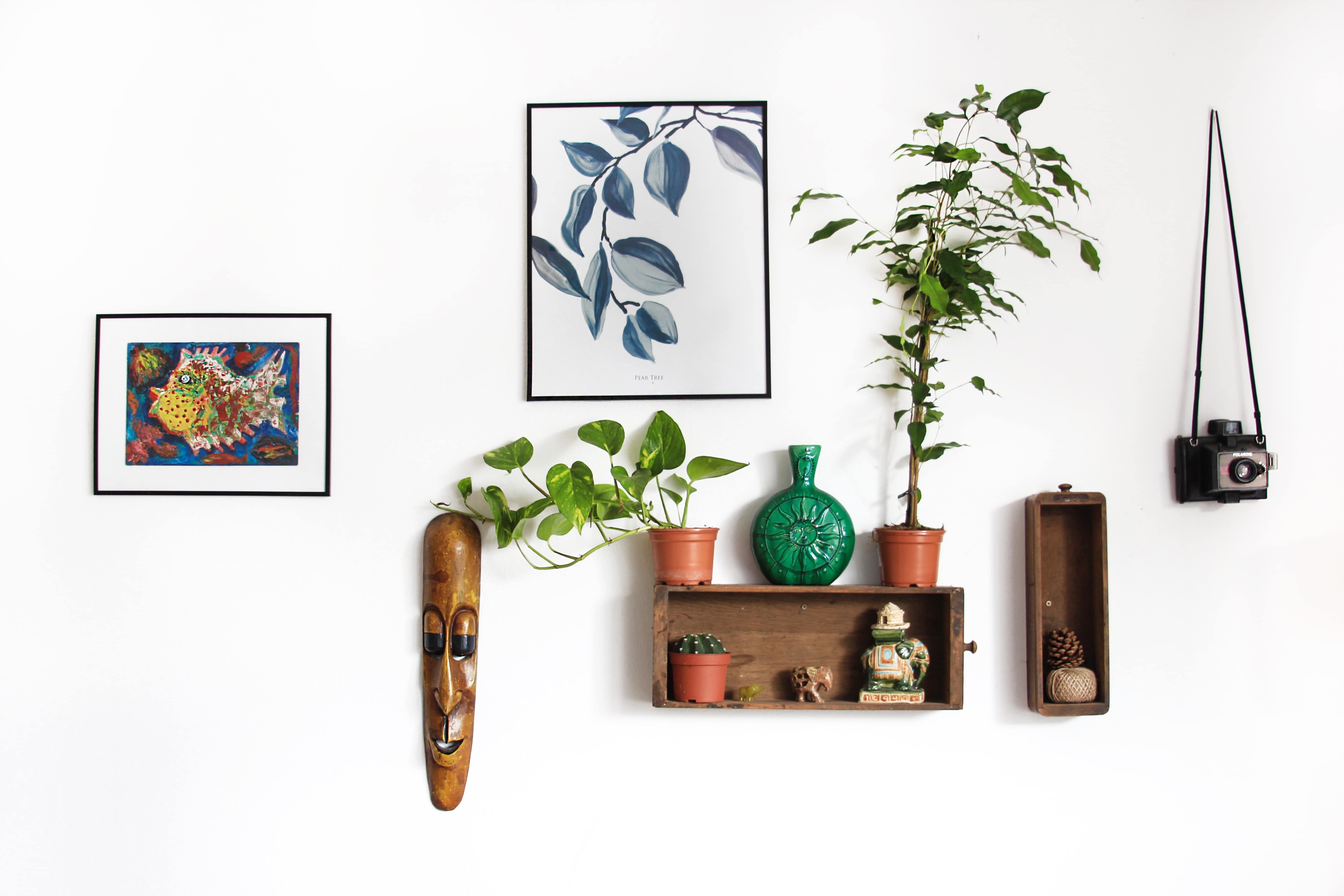 Gallery wall with paintings, shelves, potted plants, and a hanging mask