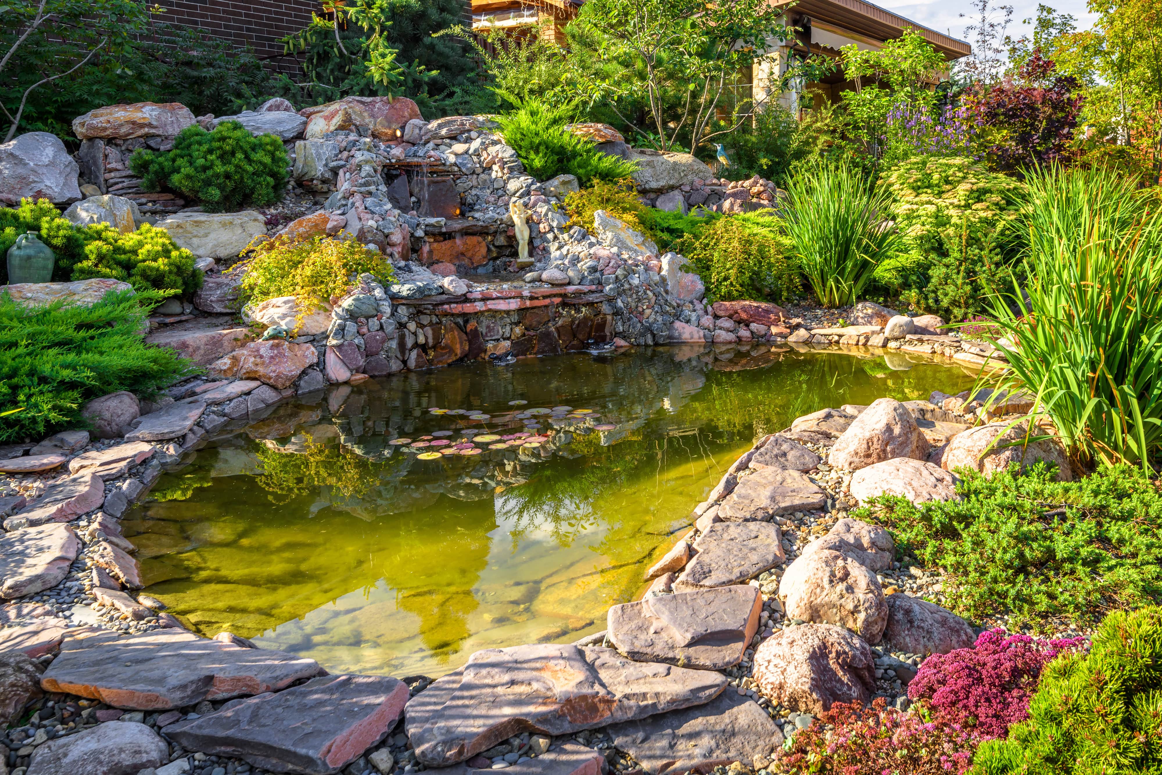 A backyard with a three tiered waterfall emptying into a koi pond