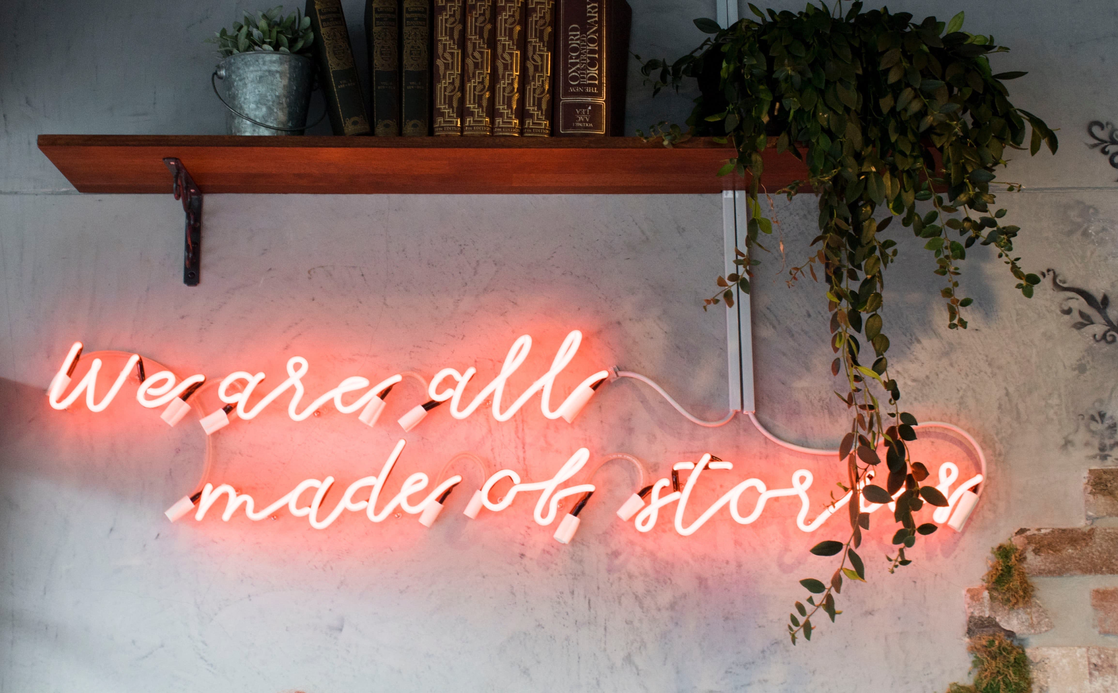 Lighted we are all made of stories red neon wall signage inside room