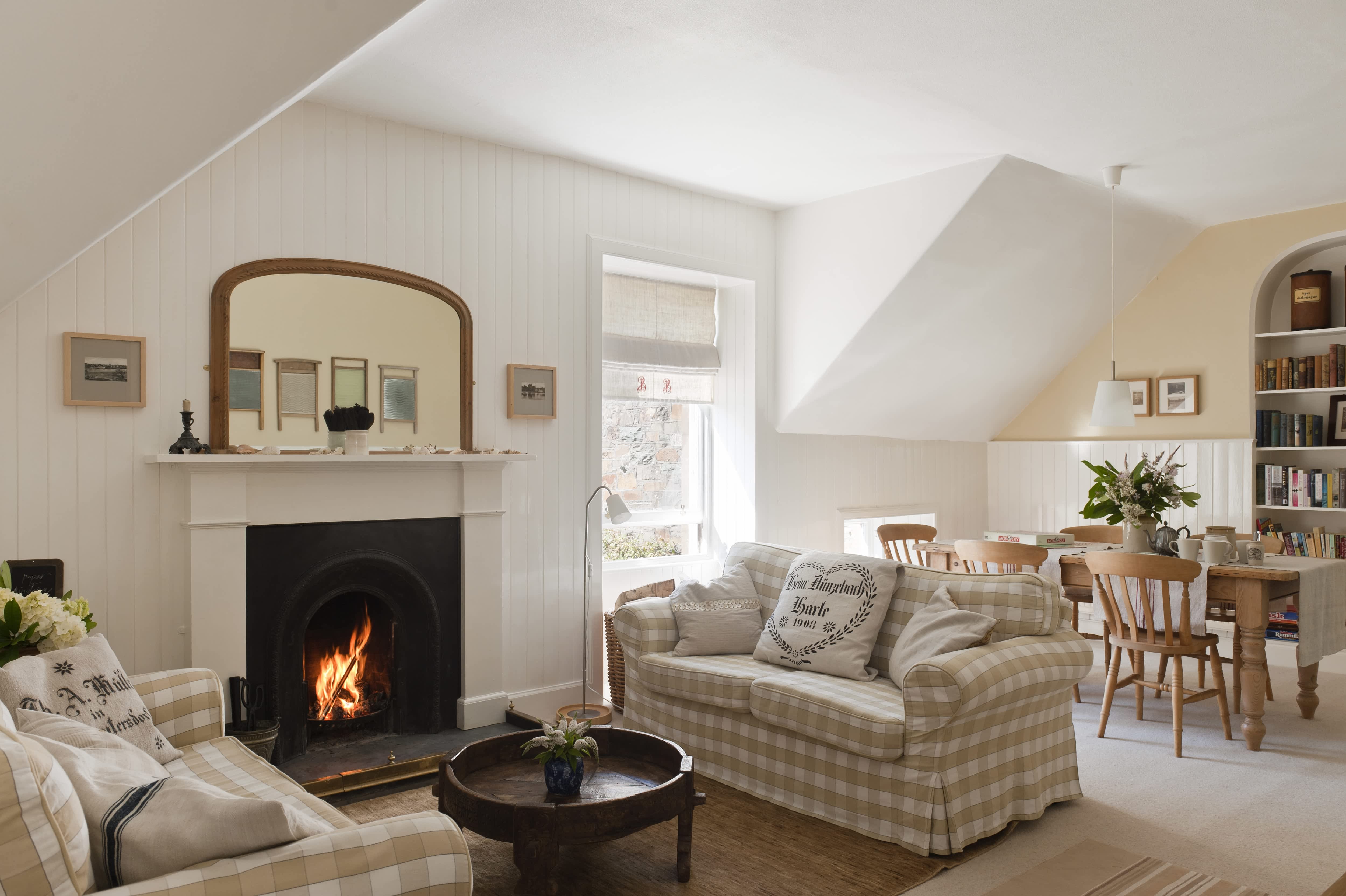 Cozy den area with alternating wainscoting walls