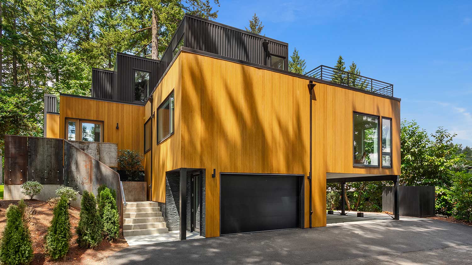 Modern house with linear design surrounded by trees