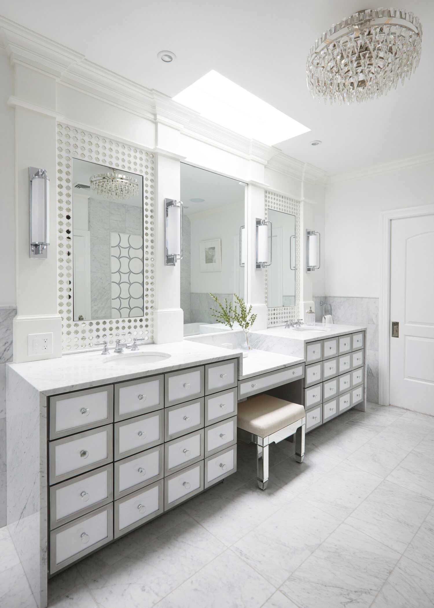 Luxurious marble bathroom vanity with multiple drawers
