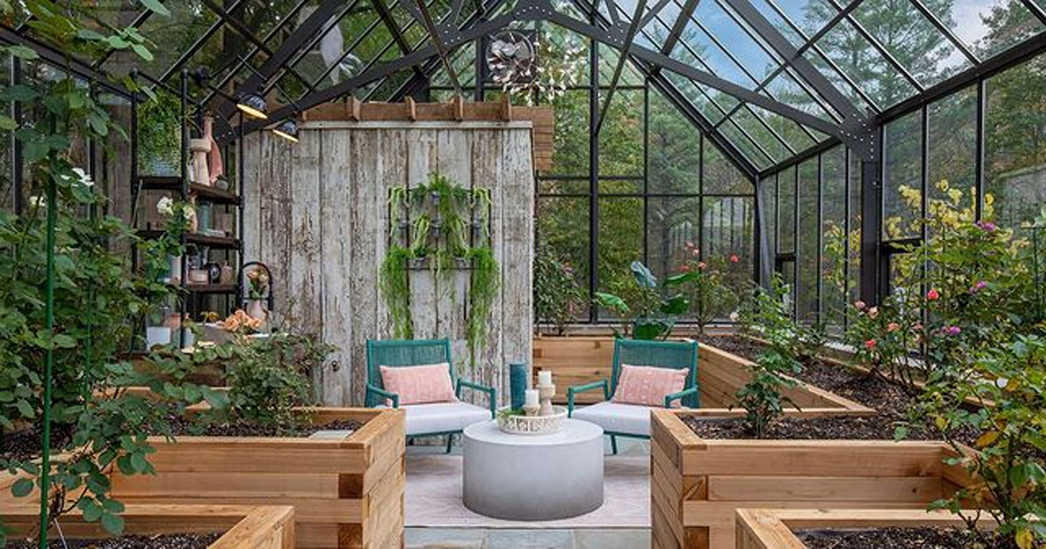 Raised planter beds inside of a green house