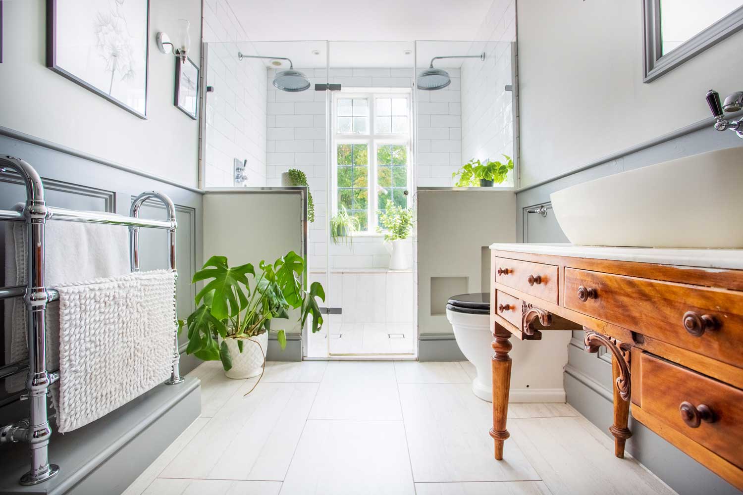 Bathroom with split shower stall