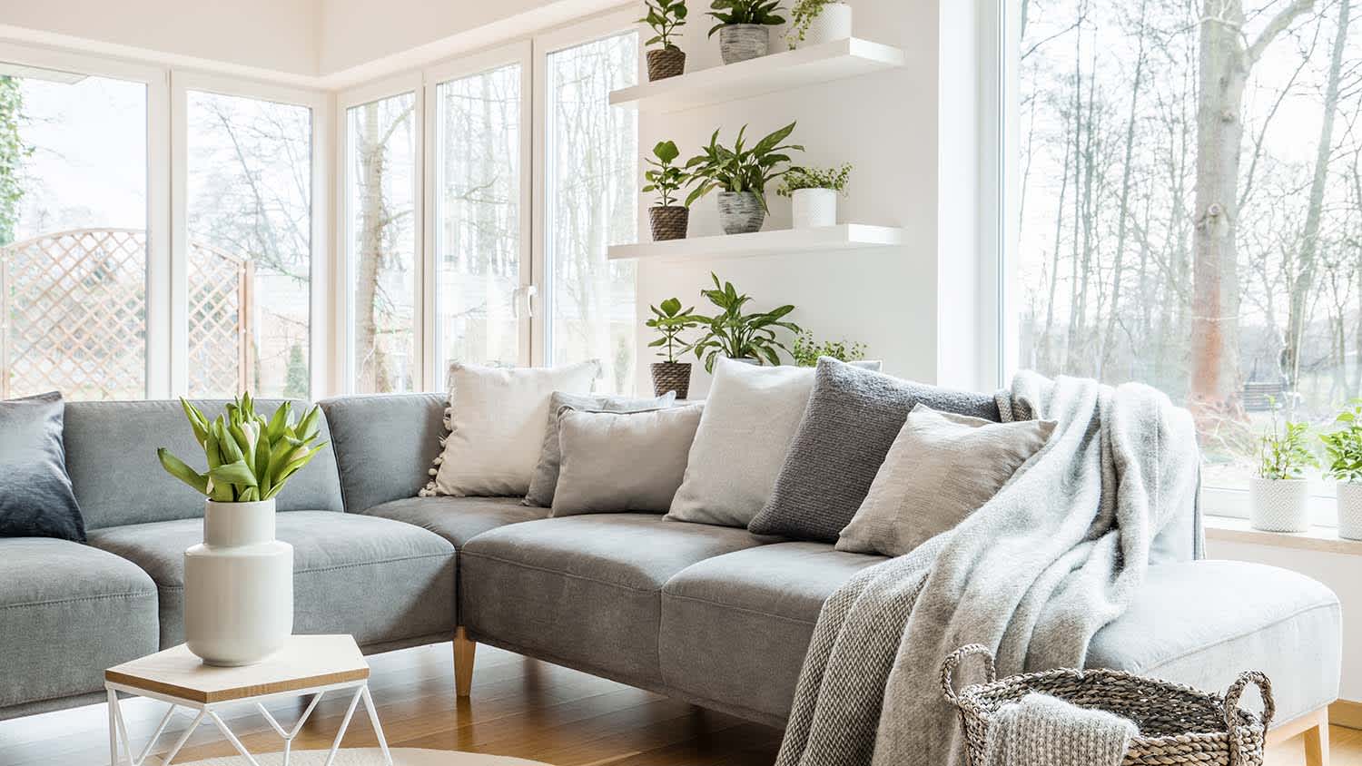 sectional couch in living room with a lot of windows