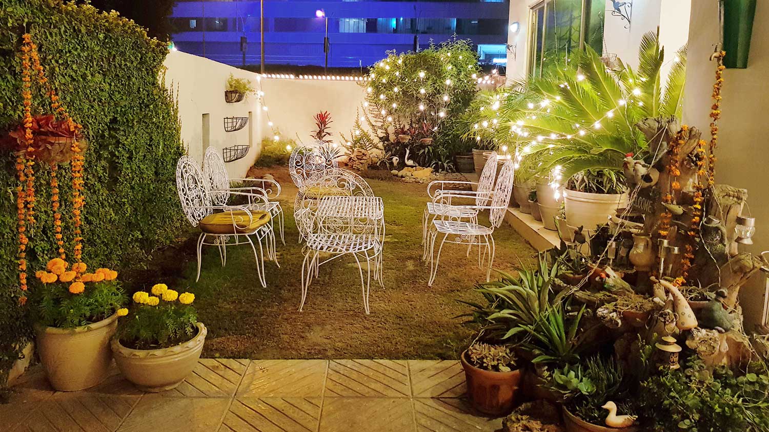 City garden with lights and decorations
