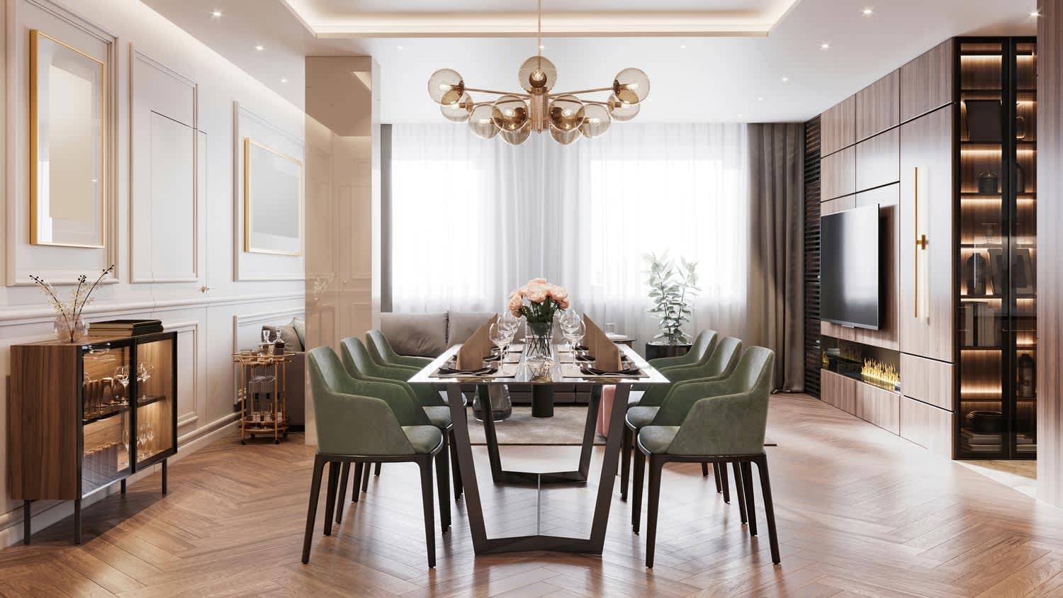 A dining room with a sputnik chandelier
