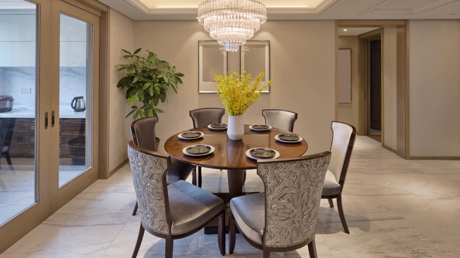 A dining area with wingback chairs