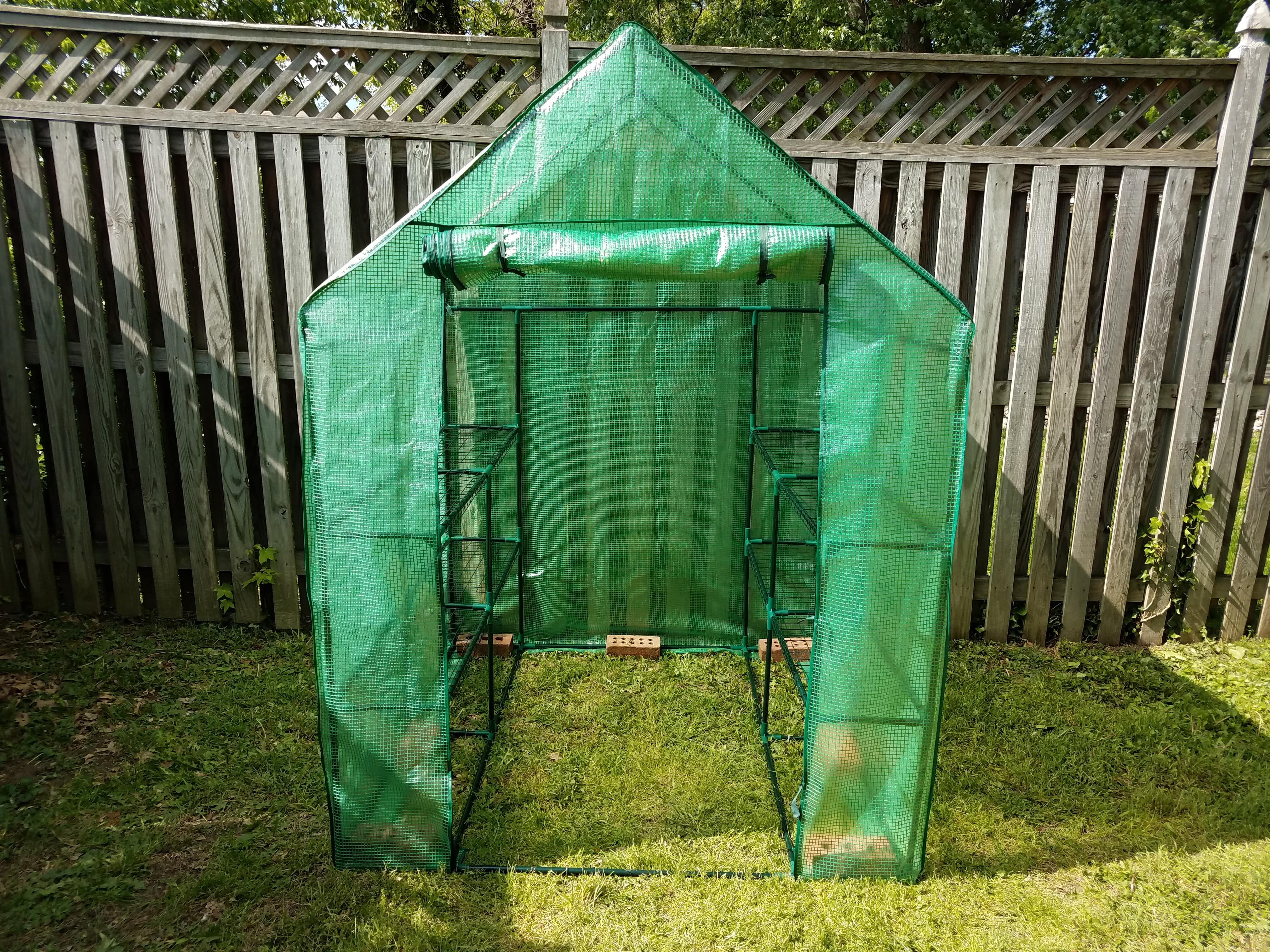 Portable greenhouse in backyard