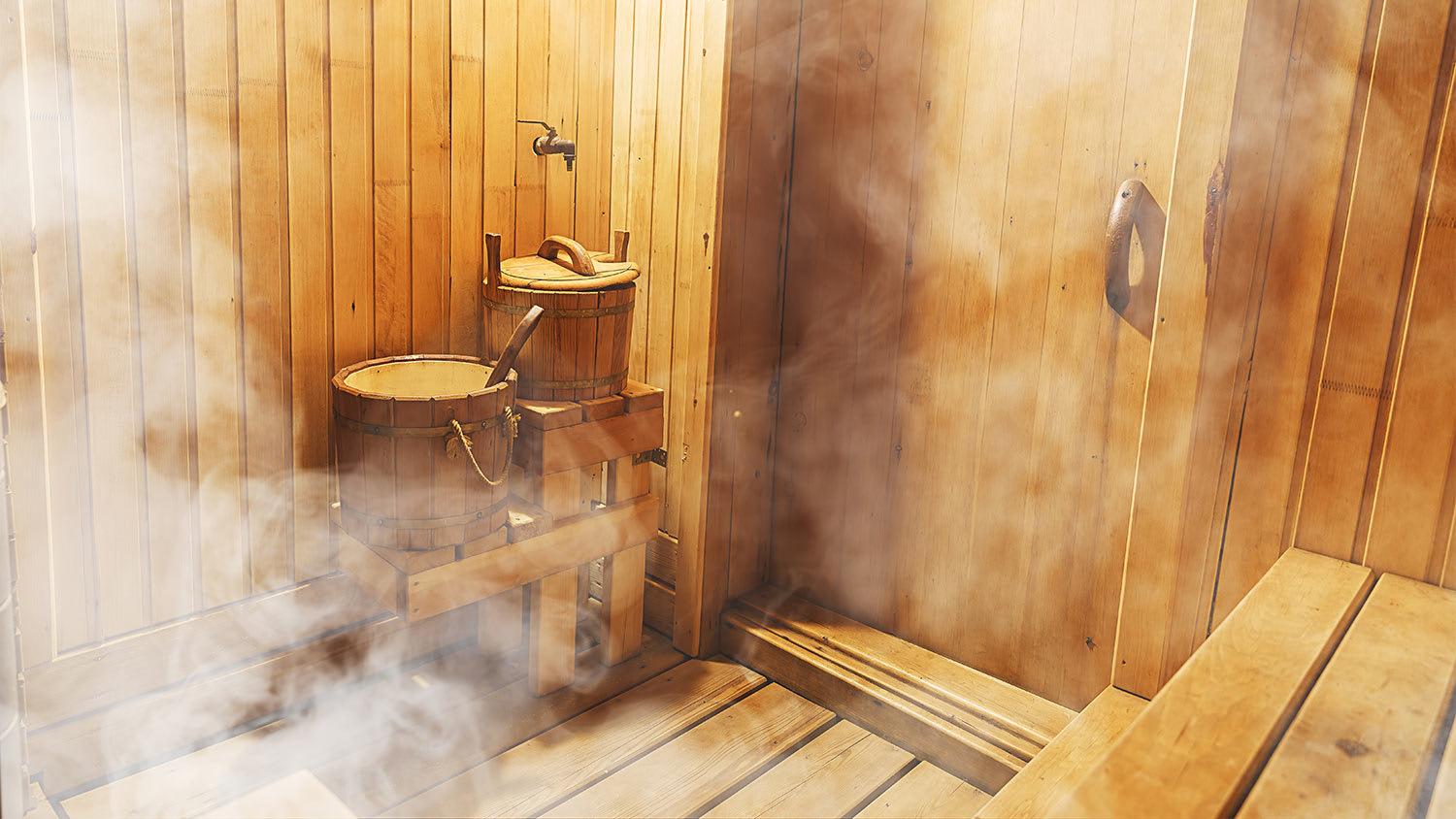 Wooden sauna with steam