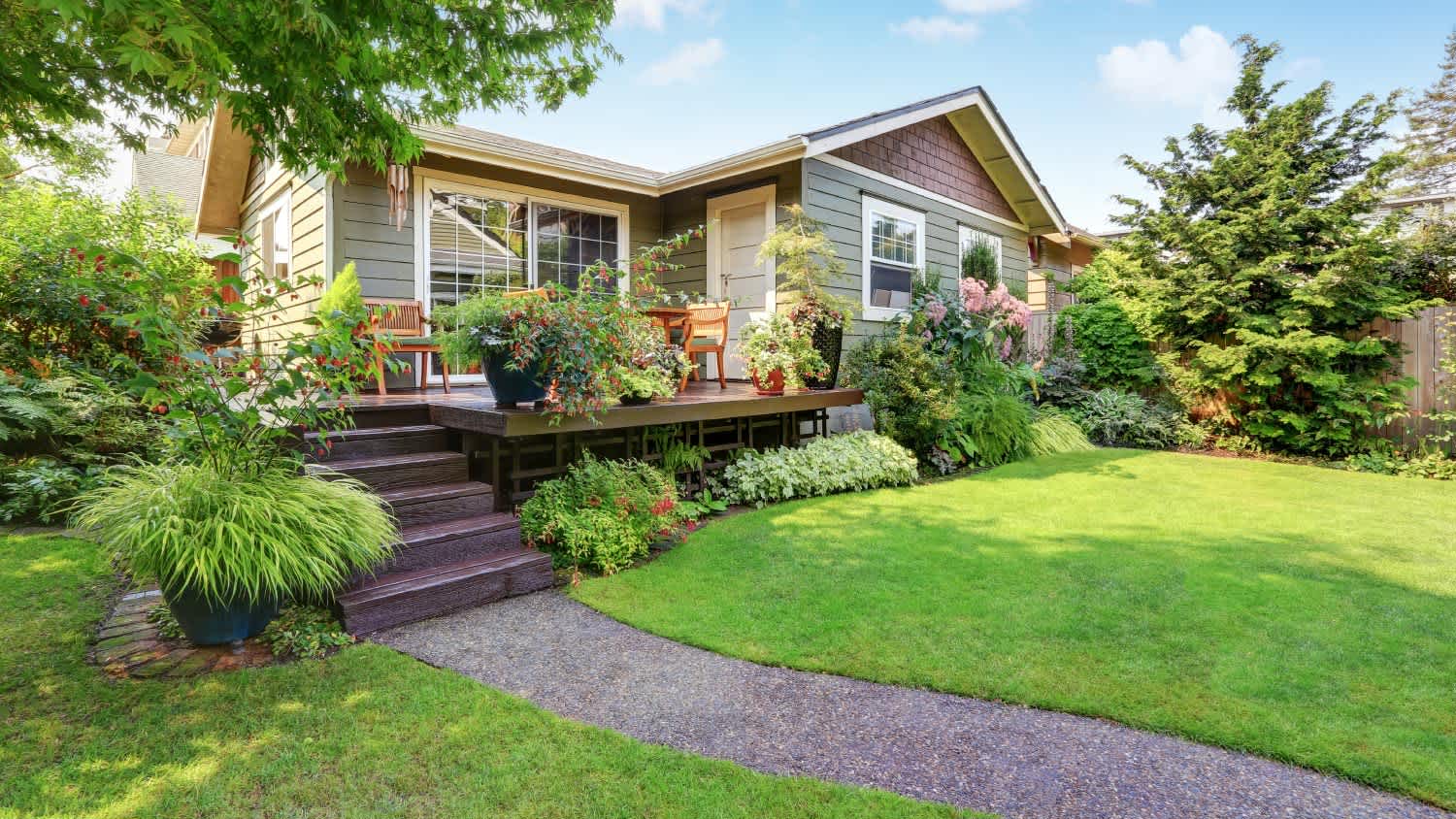 A backyard area with nicely trimmed garden