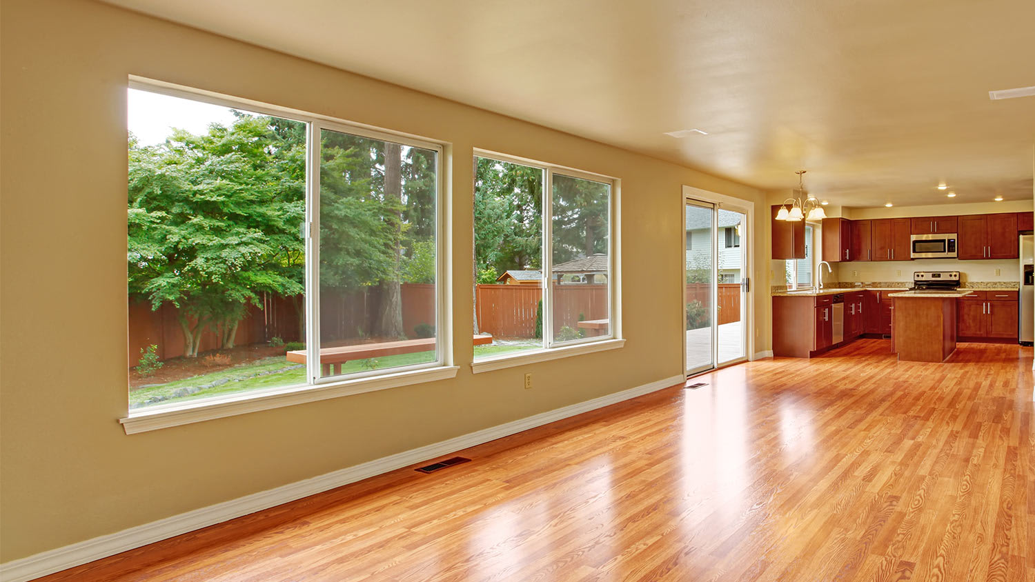 Big sliding window wooden floor kitchen