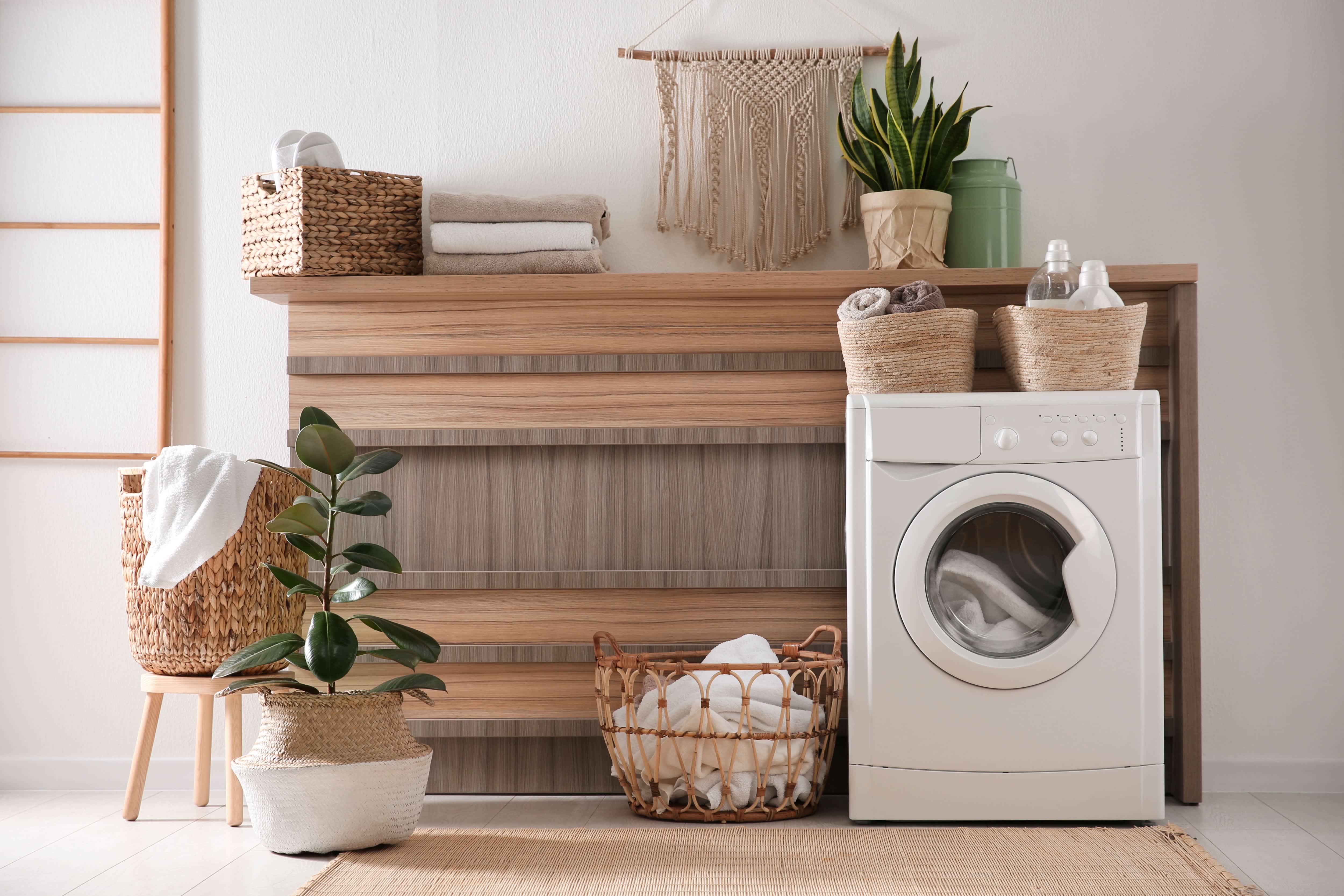 Laundry room with bohemian decor