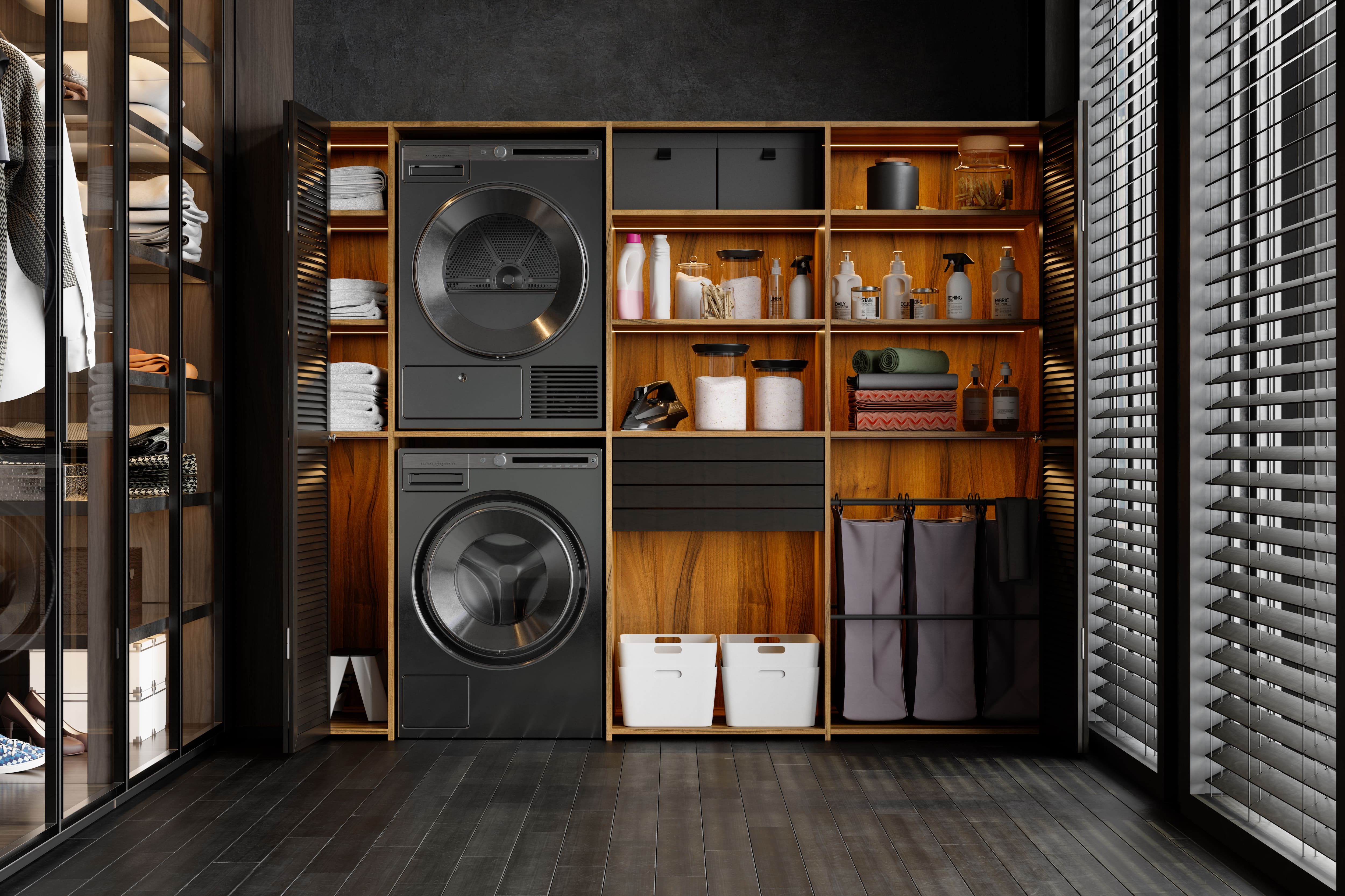 Modern laundry room with black appliances