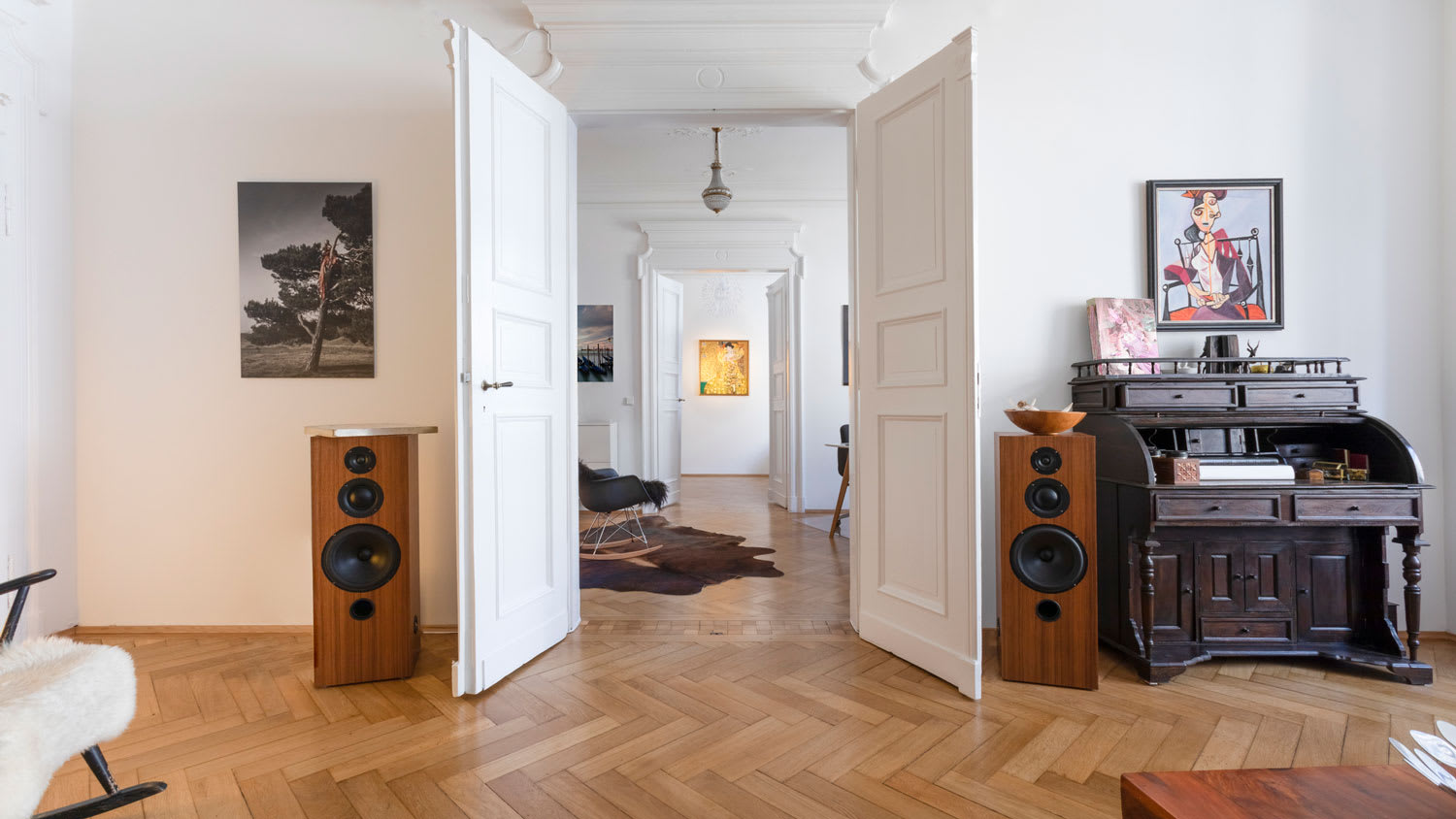 The interior of a house with wooden floor