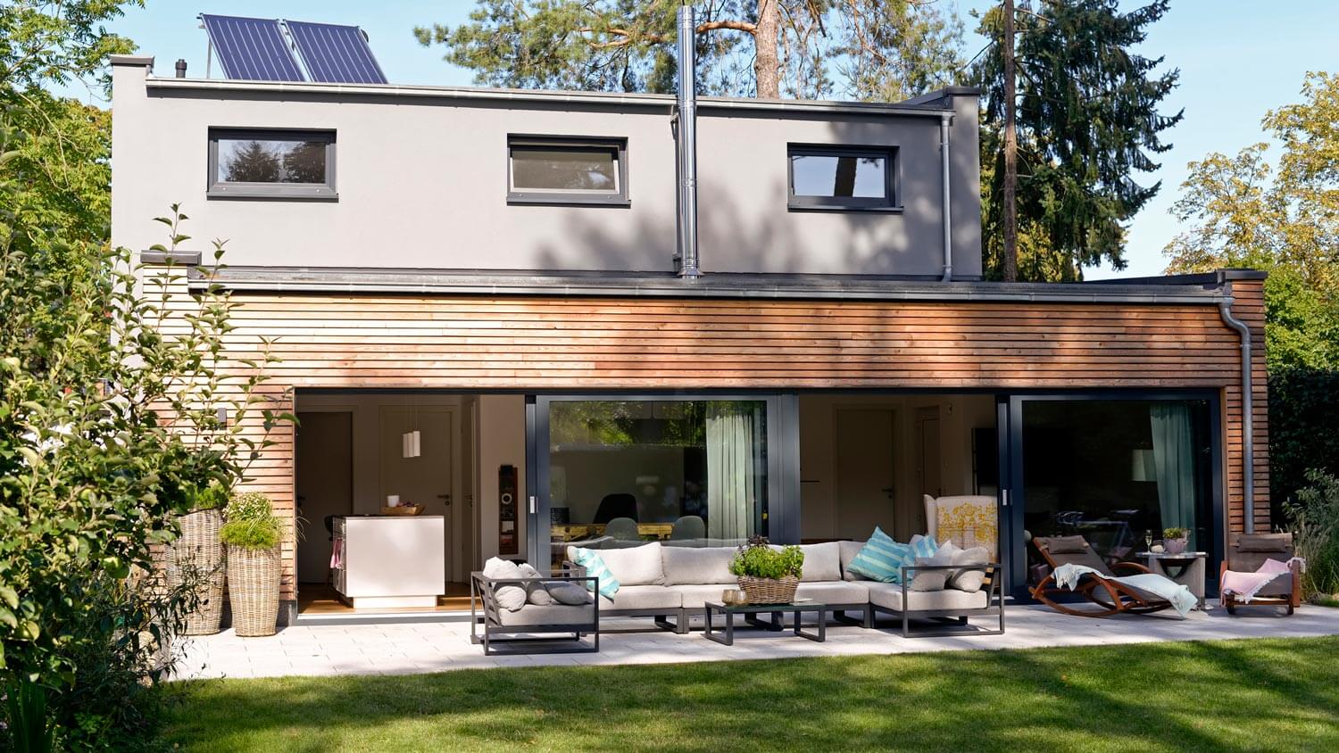 A modern house with a lawn garden