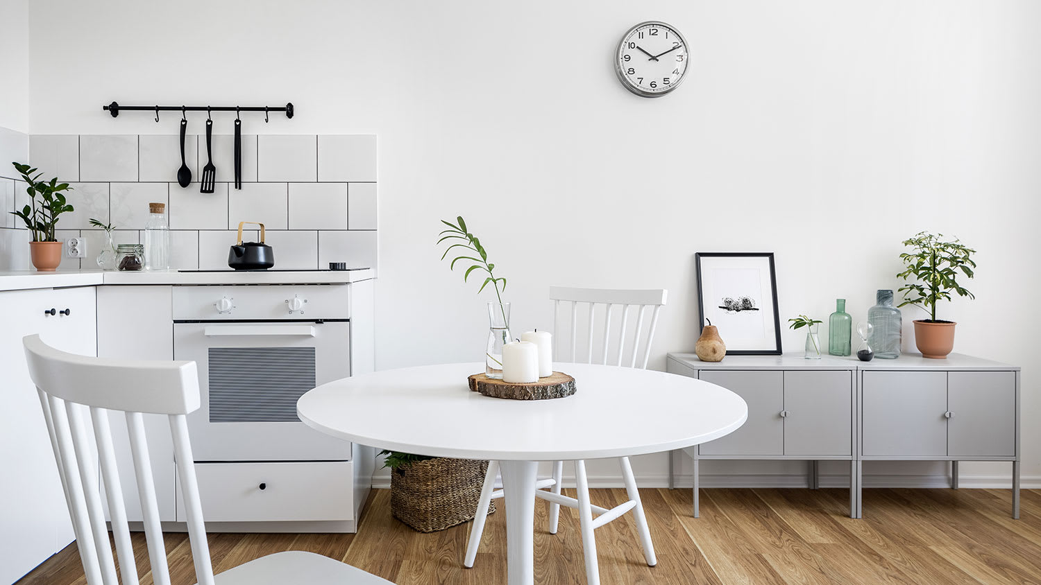 Open concept kitchen with white round table