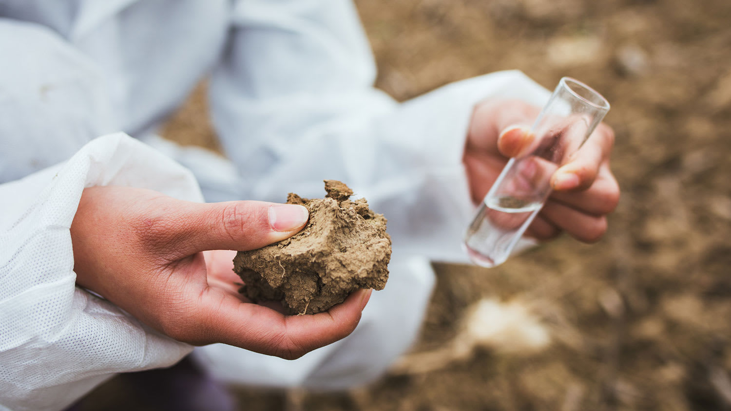 Closeup of a scientist holding soil sample and test tube