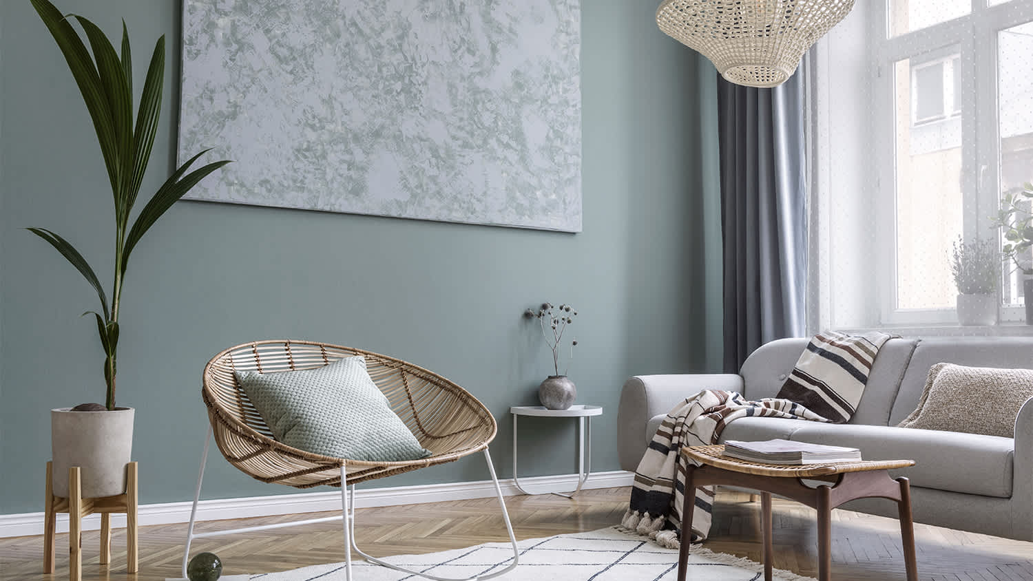 sage green and beige boho living room