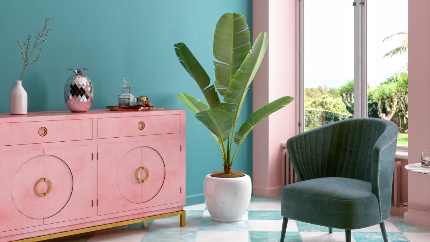 Pastel colored modern mid century living room