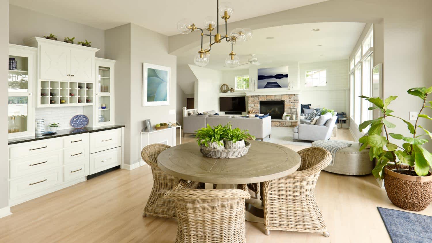 An open-space kitchen with hardwood flooring