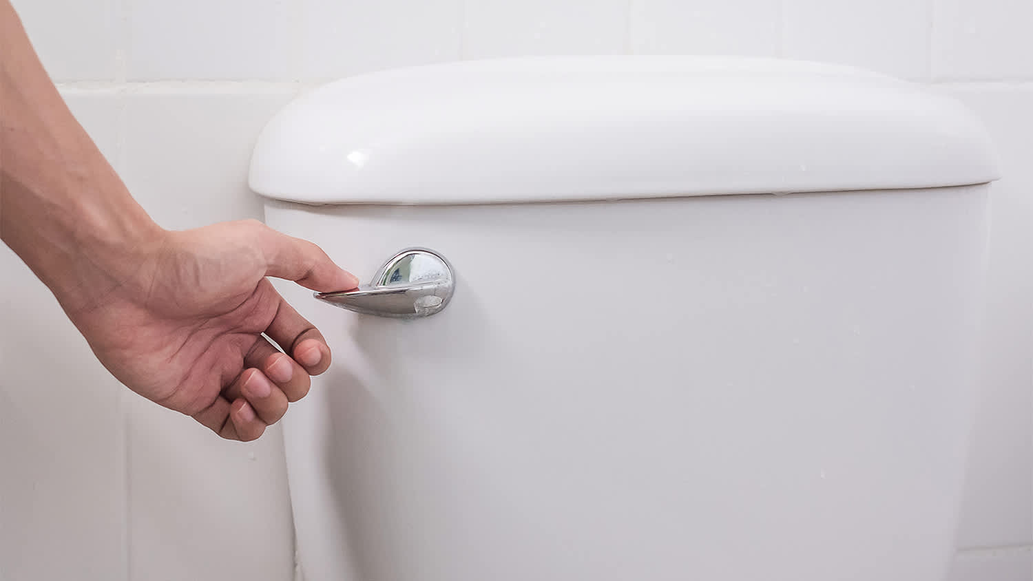 person holding handle to flush toilet