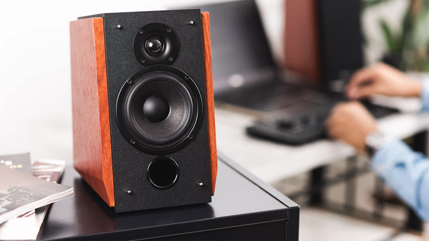 Speaker next to record player