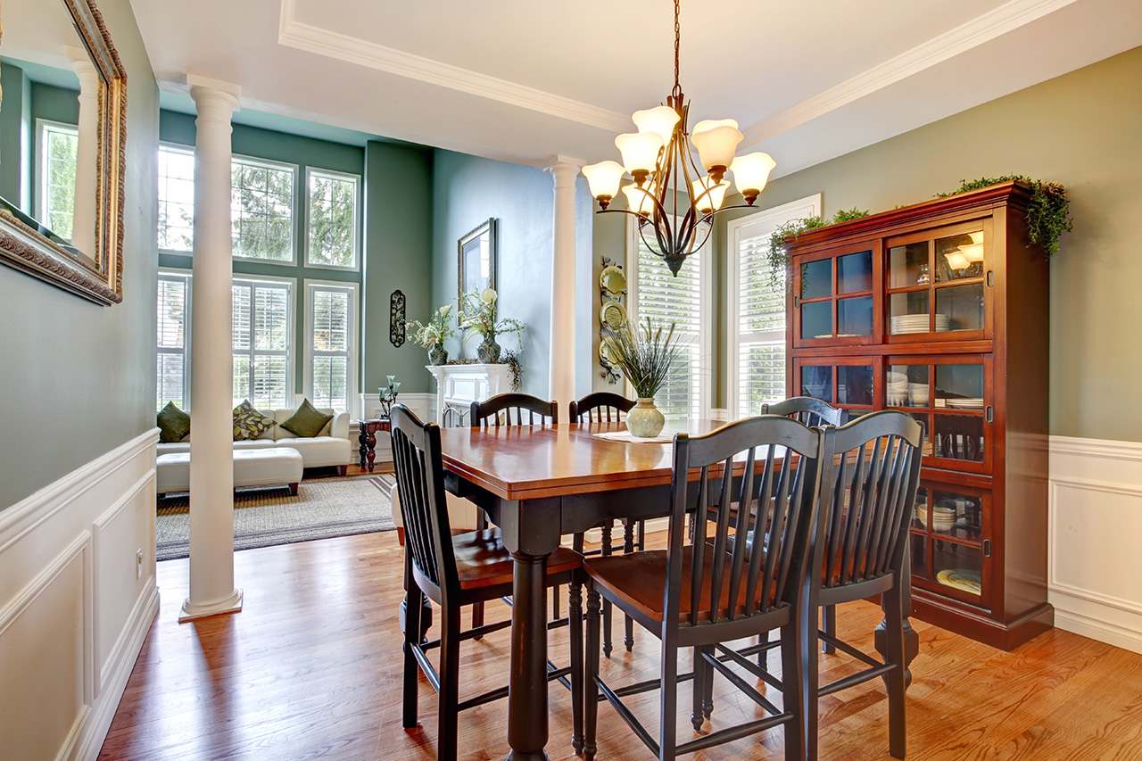living room dining area with column