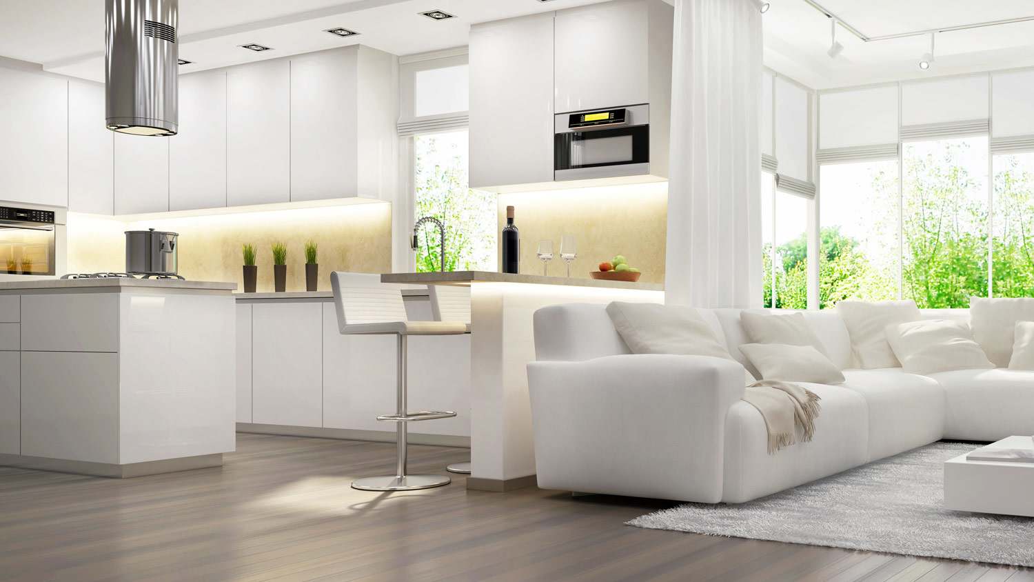The interior of a modern living room with new vents above the kitchen