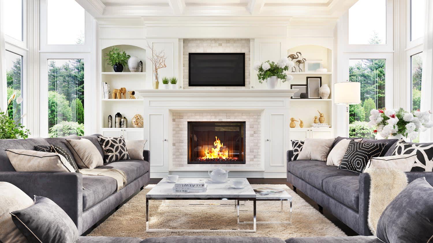 A luxurious interior design living room and fireplace