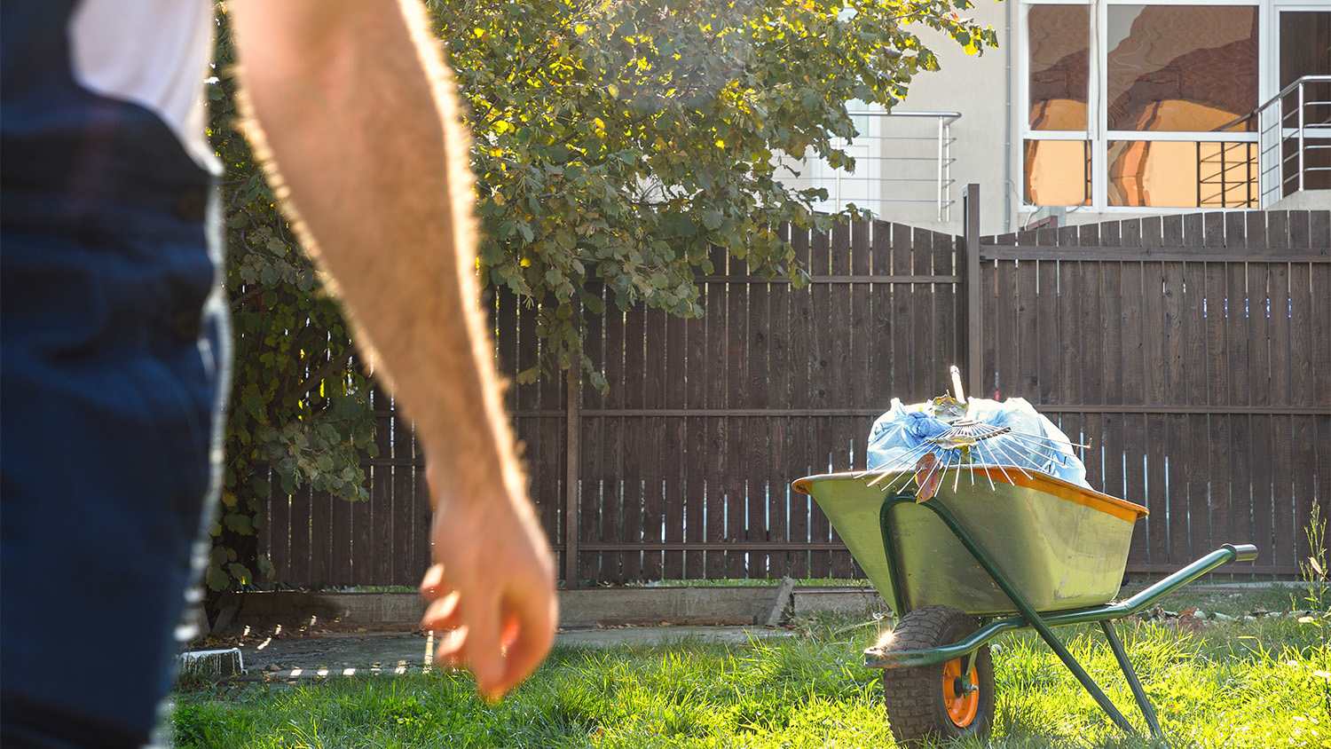 gardener cleaning up backyard